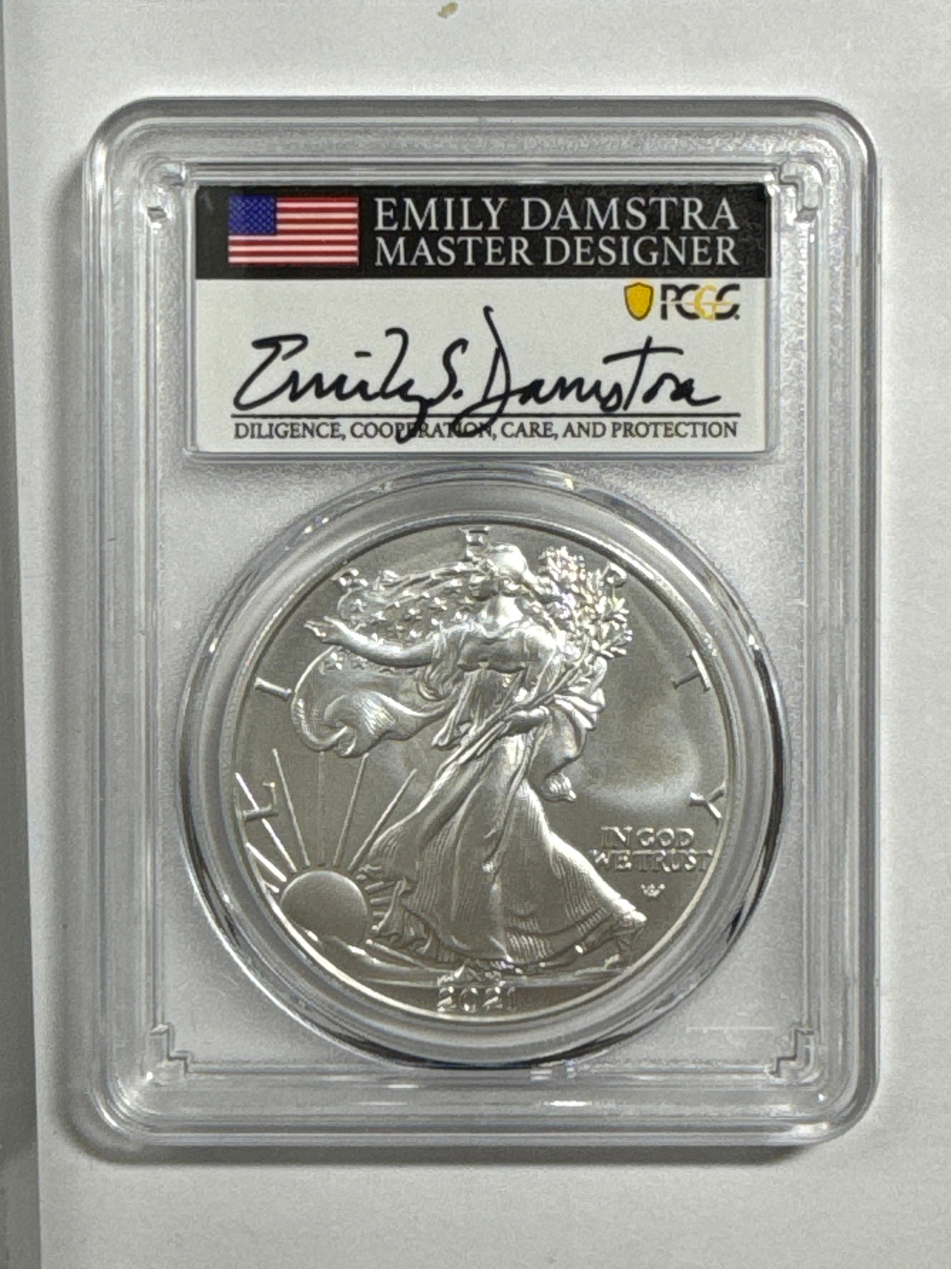 2021-W Burnished American Silver Eagle Type 2 PCGS SP70 First Strike FL Emily Damstra