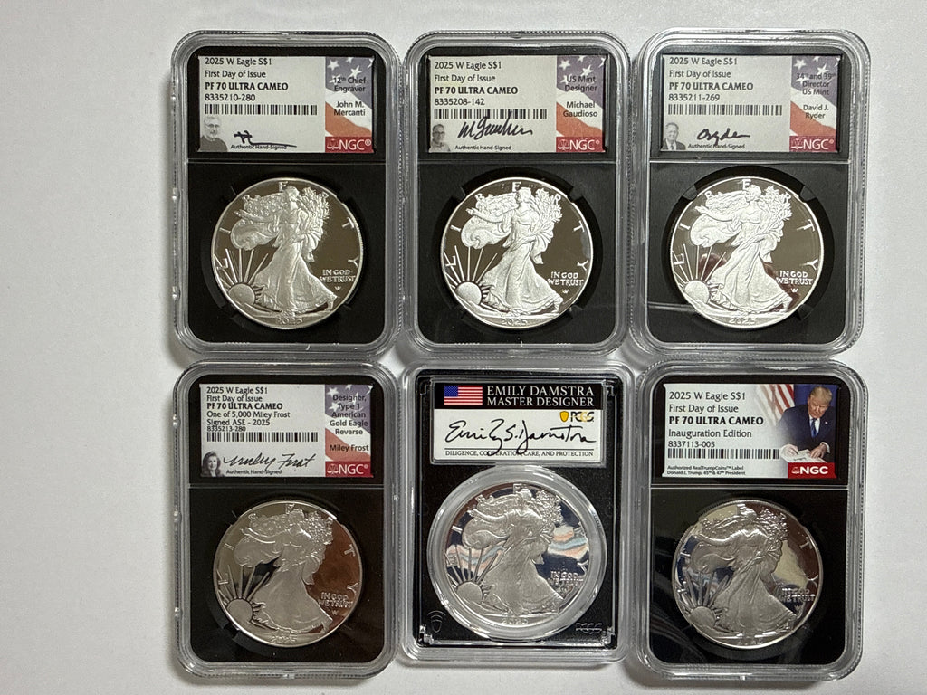 2025-W American Silver Eagle 6 Piece Set NGC PF70 UCAM FDOI FL Mercanti/Gaudioso/Ryder/Frost/Damstra/Trump