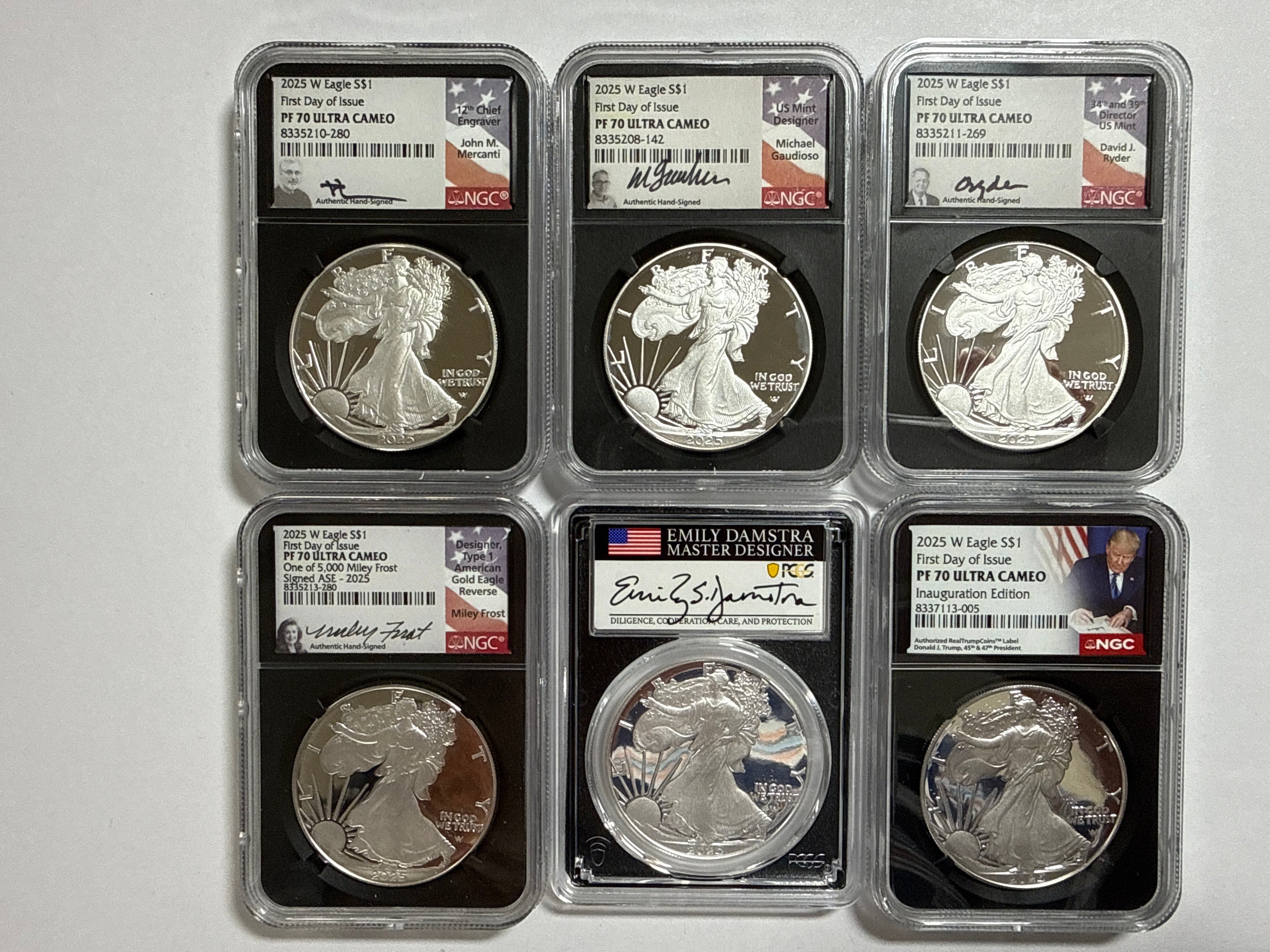 2025-W American Silver Eagle 6 Piece Set NGC PF70 UCAM FDOI FL Mercanti/Gaudioso/Ryder/Frost/Damstra/Trump