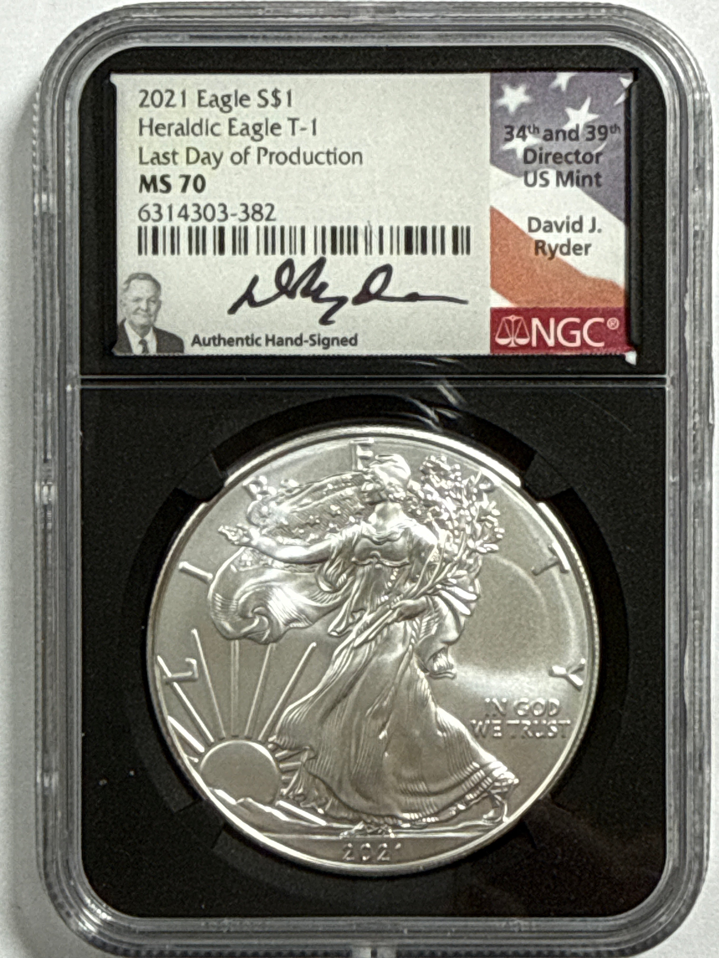 2021 American Silver Heraldic Eagle 2 Peice Set T-1 Last Day of Production MS70 Mercanti/Ryder Hand Signed