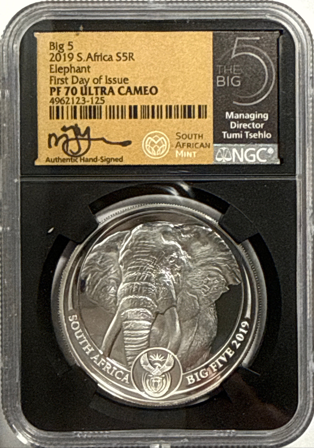 2019/2020/2021/ South Africa NGC FDI PF70 UCAM S5R Big 5 Elephant/Lion/Rhino/Spotted Leopard/Buffalo Tumi Tsehio signed