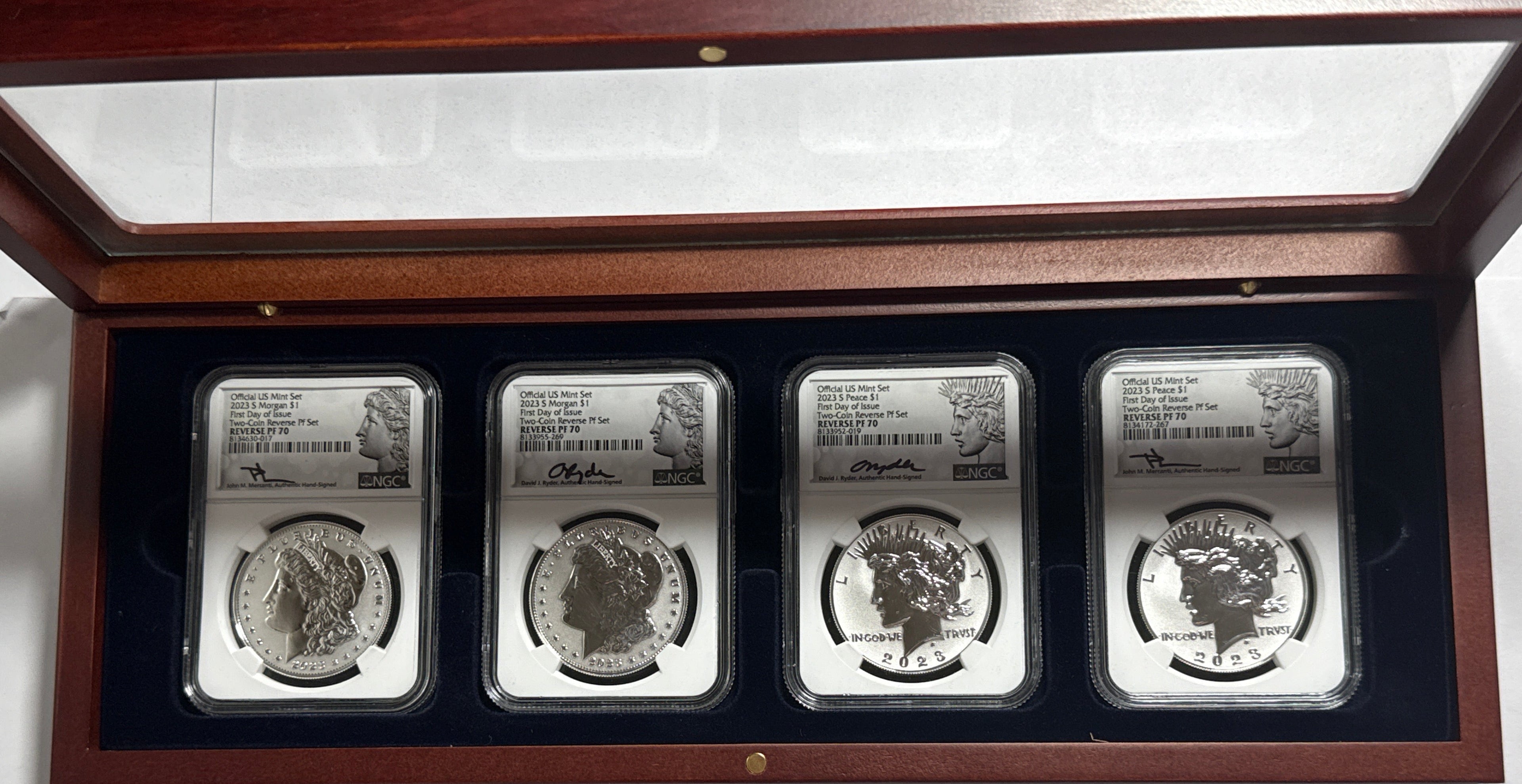 2023-S Morgan/Peace Silver Dollar 4 piece Official US Mint Set NGC FDOI Two-Coin Reverse PF Set Reverse PF70 Mercanti/Ryder Hand Signed with Displaty Box