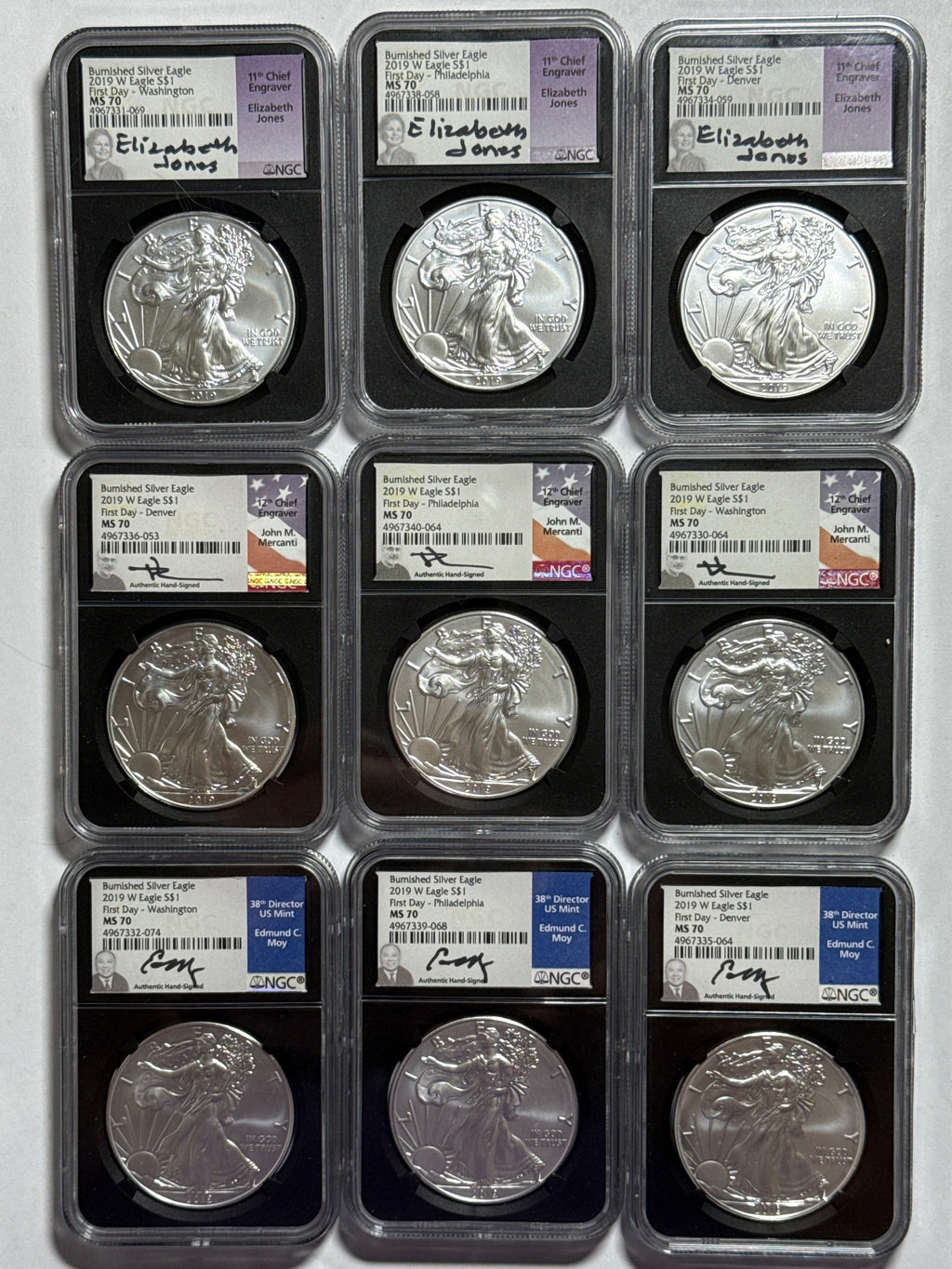 2019-W Burnished American Silver Eagle 9-Piece set NGC MS 70 FDOI Moy/Mercanti/Jones
