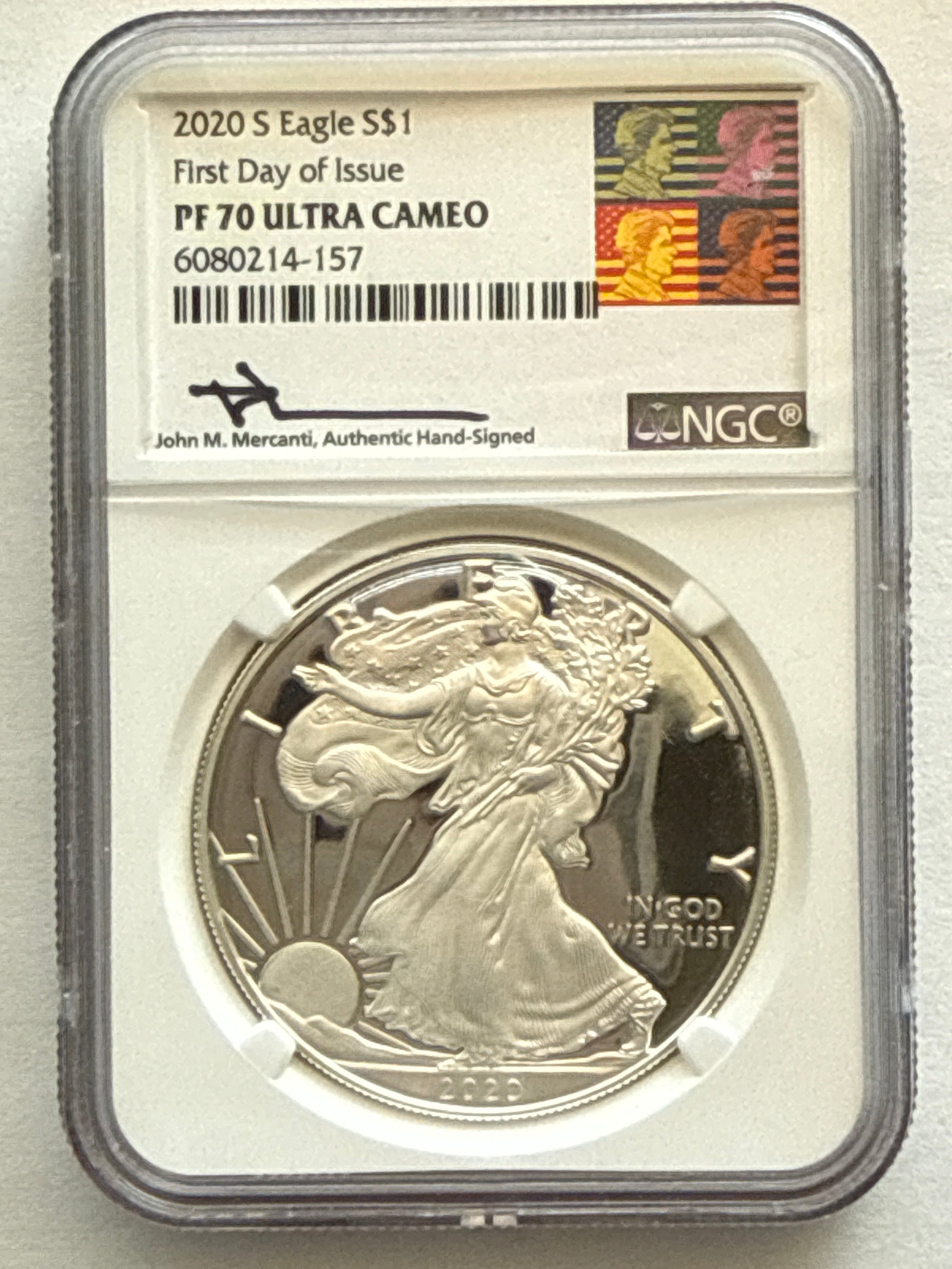 2020-S American Silver Eagle NGC 1 oz PF70 UCAM FDOI J. M. Mercanti hand signed Art Label