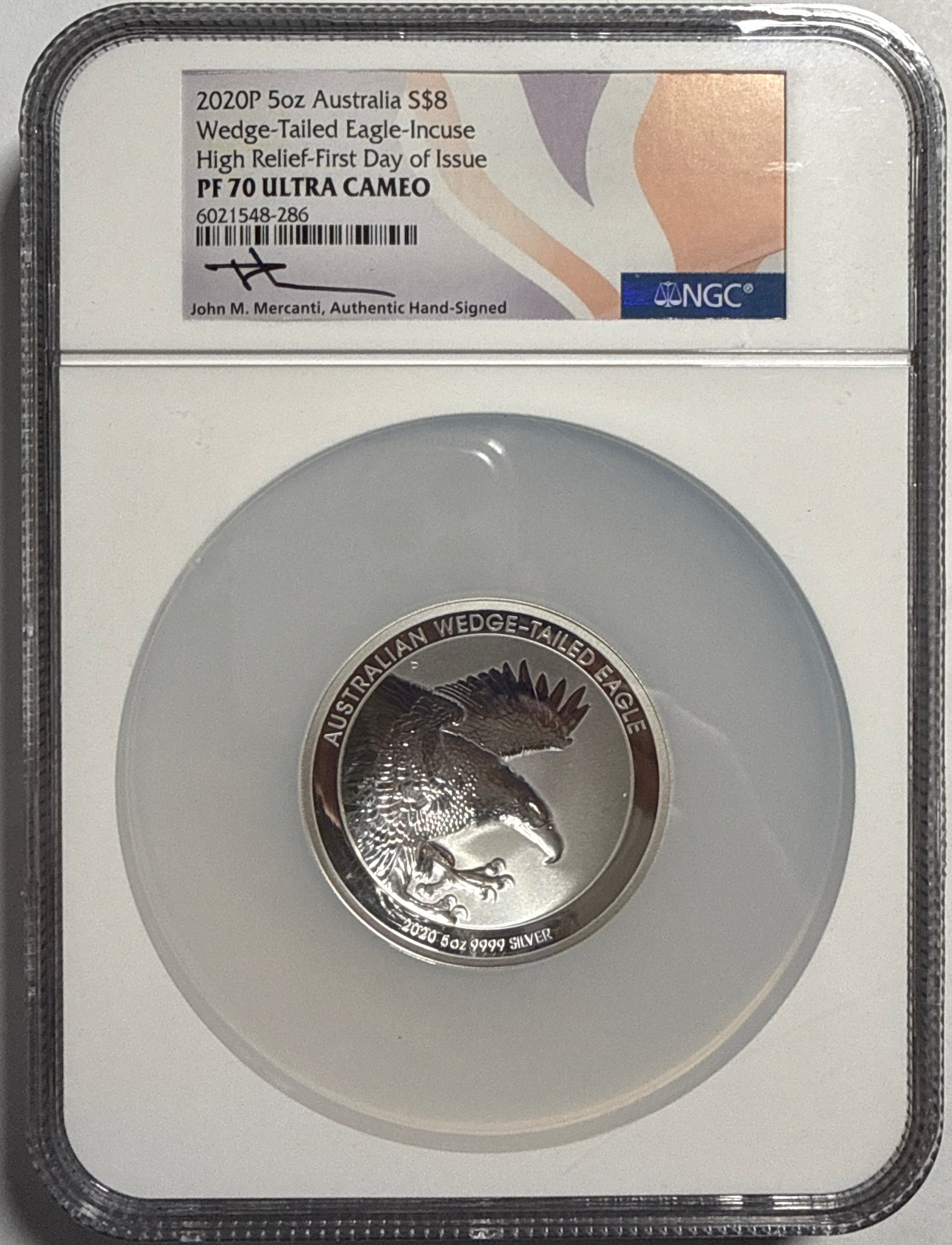 2020P Australia 5 oz $8 Silver Wedge-Tailed Eagle-Incluse NGC High Relief-Incluse PF70 UCAM  Mercanti