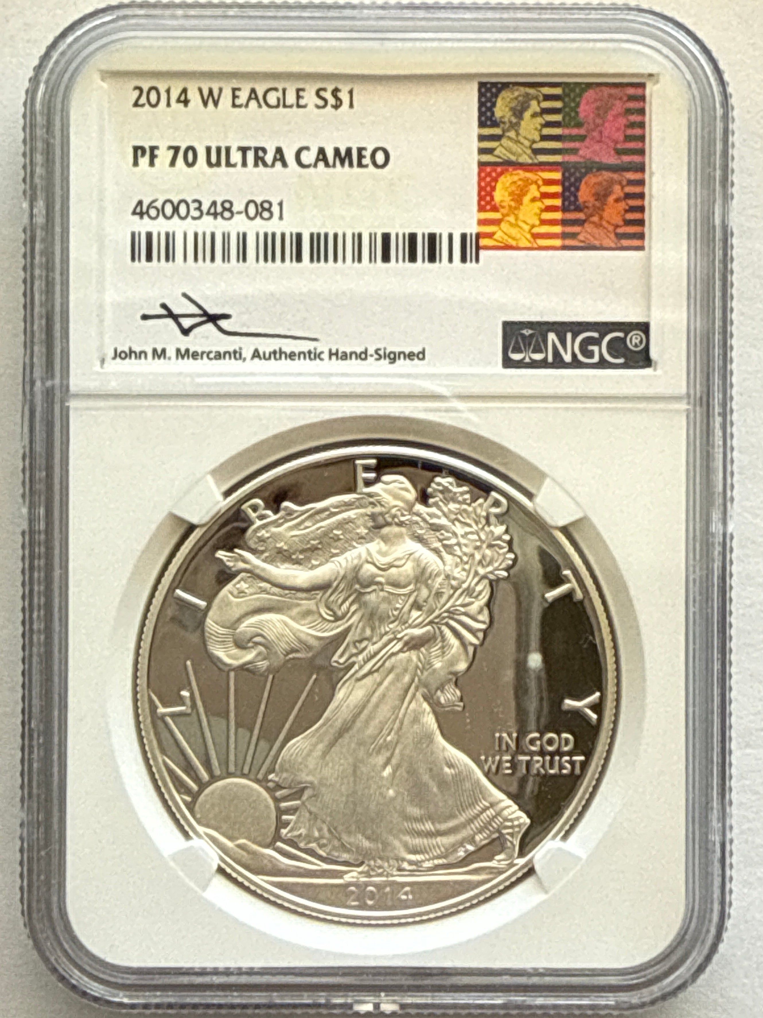 2014-W American Silver Eagle NGC 1 oz PF70 UCAM  J. M. Mercanti hand signed Art Label