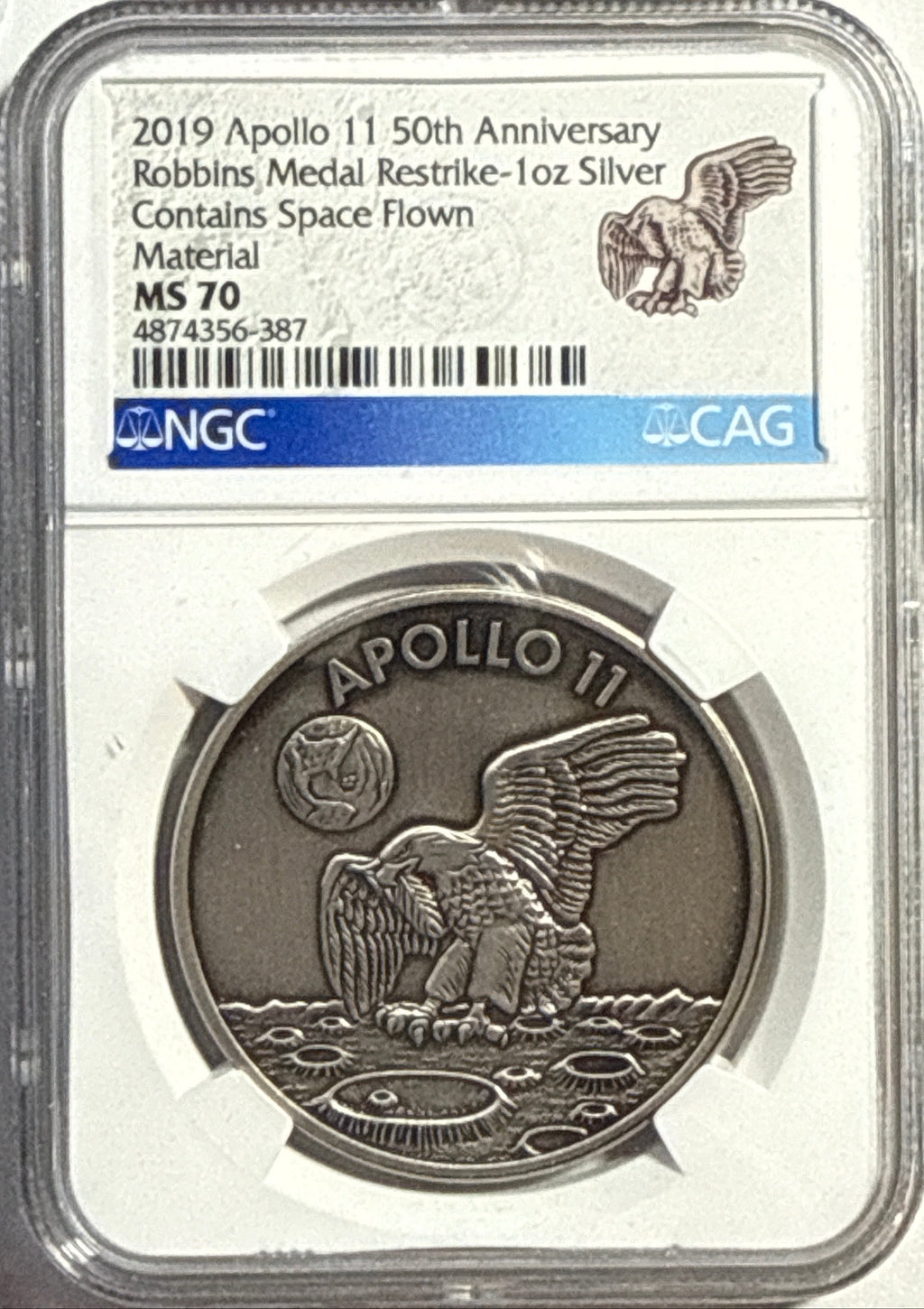 Vintage Vault: 2019 Apollo 11 50th Anniversary Robins Metal Restrike-1 oz Silver Space Flown Material NGC MS70 1-Coin Box COA