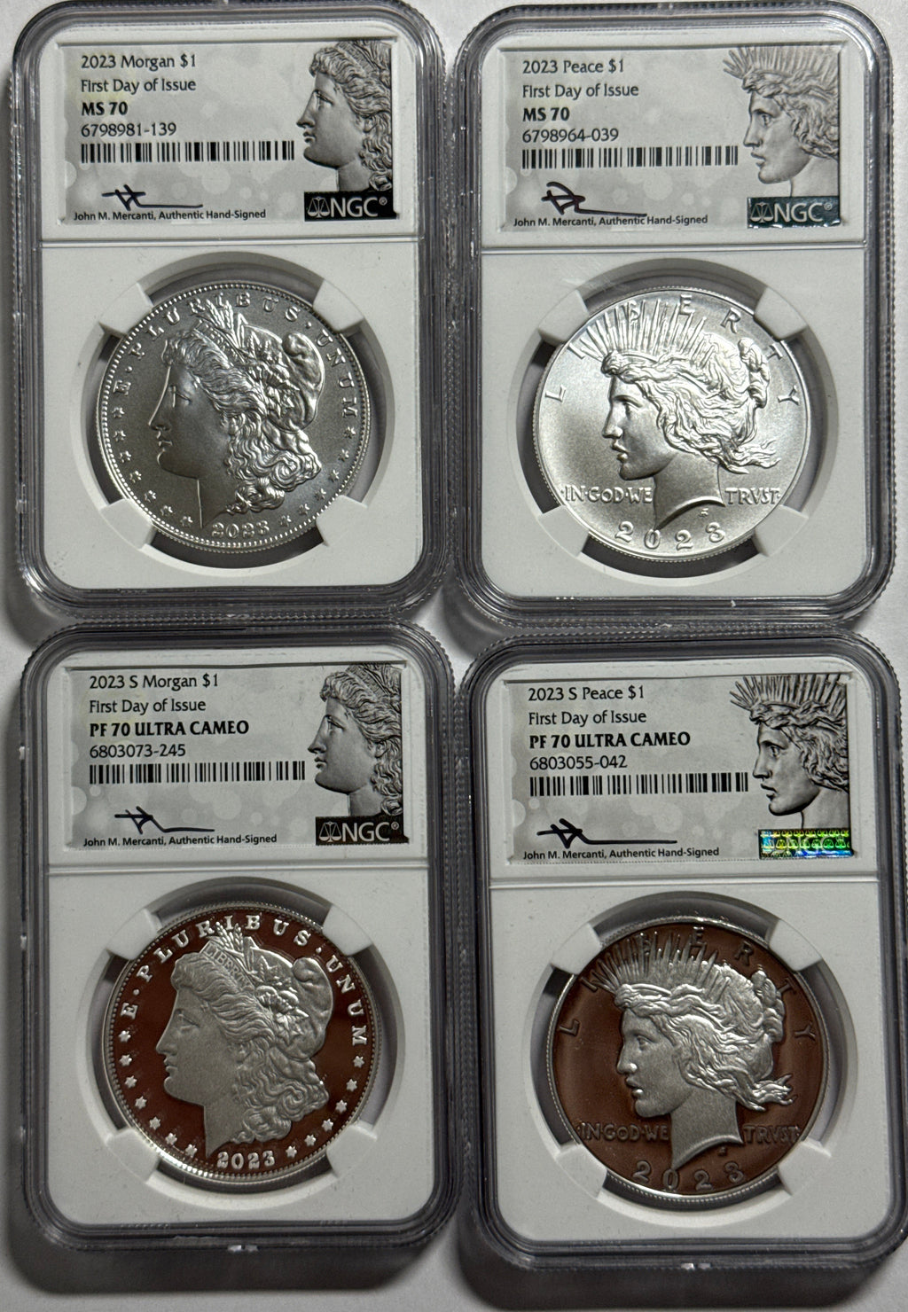 2023-P/S Morgan Silver Eagle 4-Coin Box Set NGC FDOI MS70/PF UCAM Mercanti