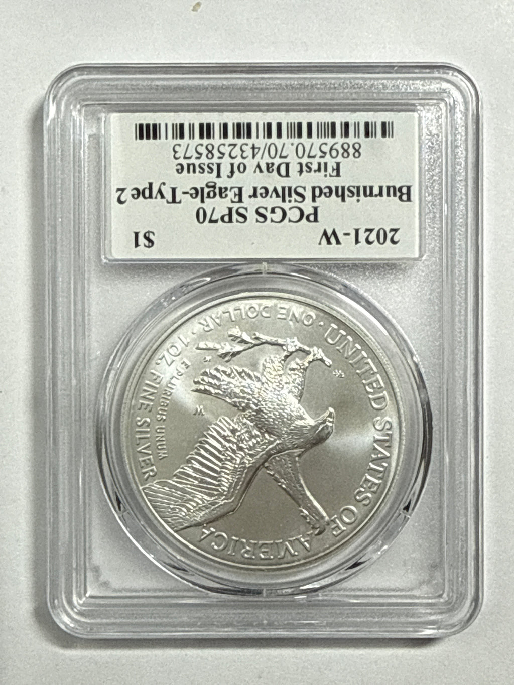 2021-W Burnished Silver Eagle Type 2 PCGS SP70 FDOI Thomas Cleveland