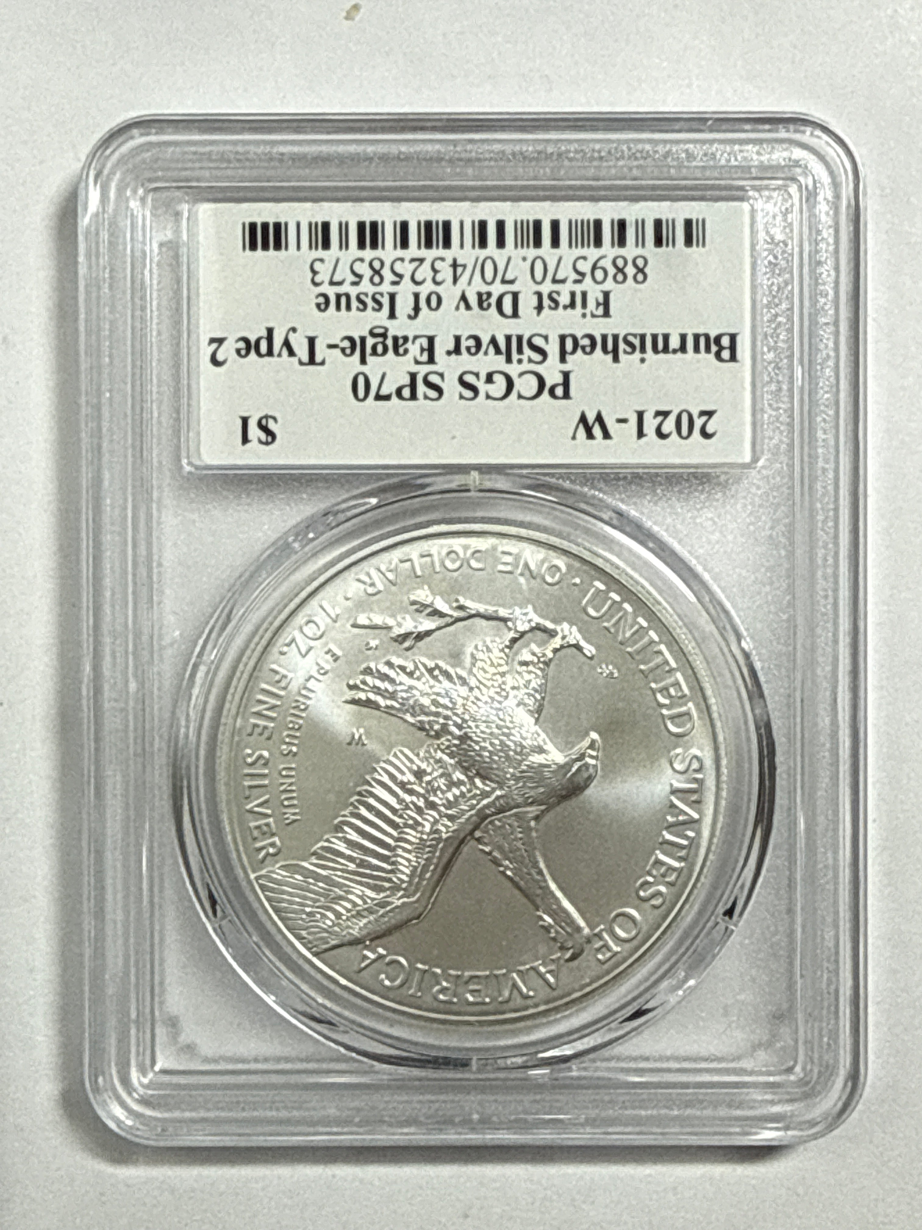 2021-W Burnished Silver Eagle Type 2 PCGS SP70 FDOI Thomas Cleveland