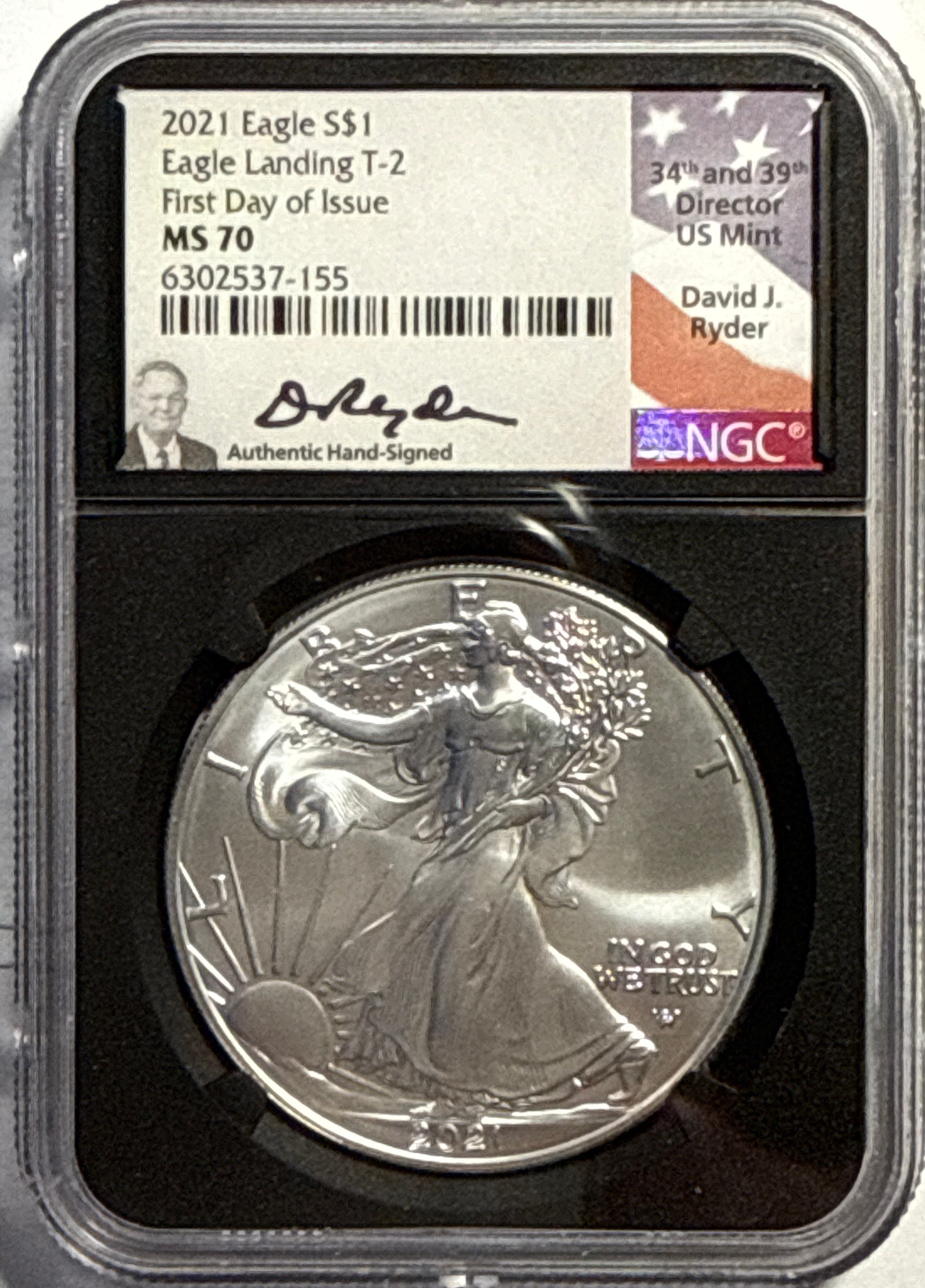 2021 American Silver Eagle $1 Eagle Landing T-2 NGC FDI MS70 David Ryder Hand-Signed Black Core.