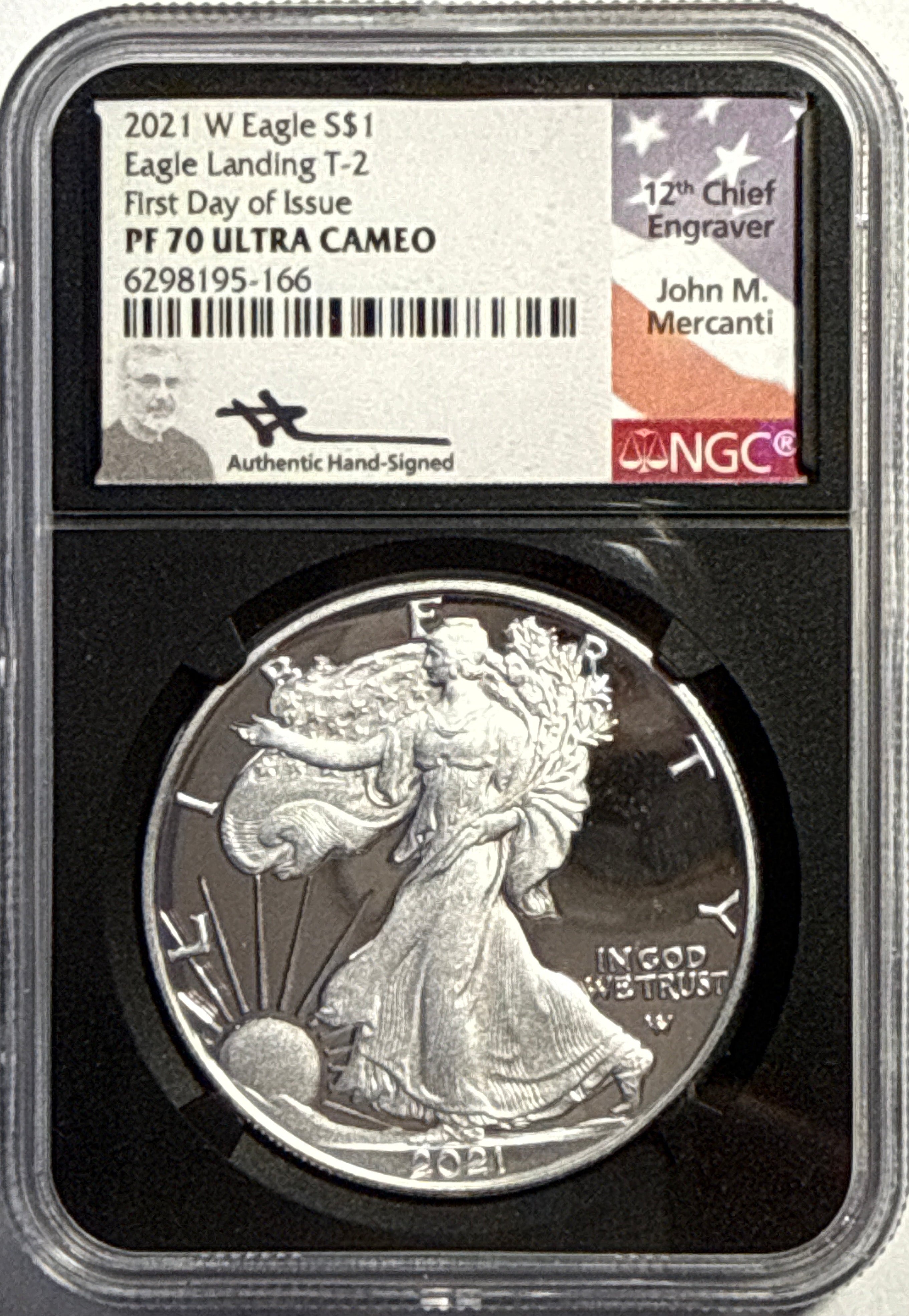 2021-W American Silver Eagle $1 Eagle Landing T-2 NGC FDI PF70 UCAM Black Core Mercanti Hand-Signed.