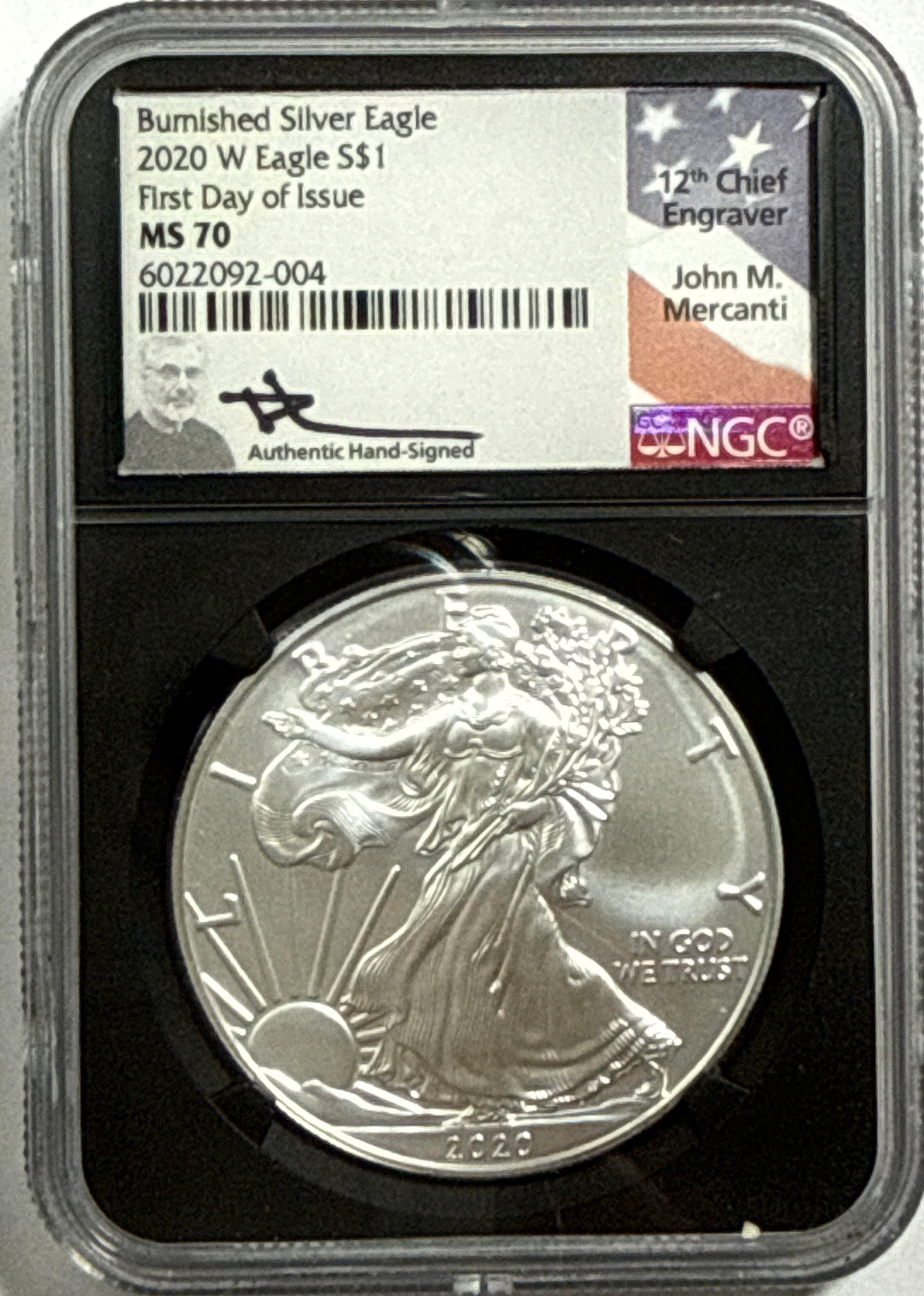 2020-W Burnished American Silver Eagle NGC FDI MS70 J. Mercanti Hand Signed.