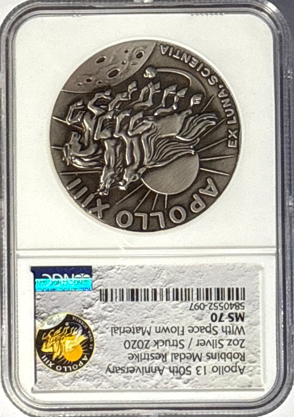 Vintage Vault: 2020 Apollo 13 2 oz Silver 50th Anniversary Robbins Medal Restrike With Space Flown Material NGC MS70