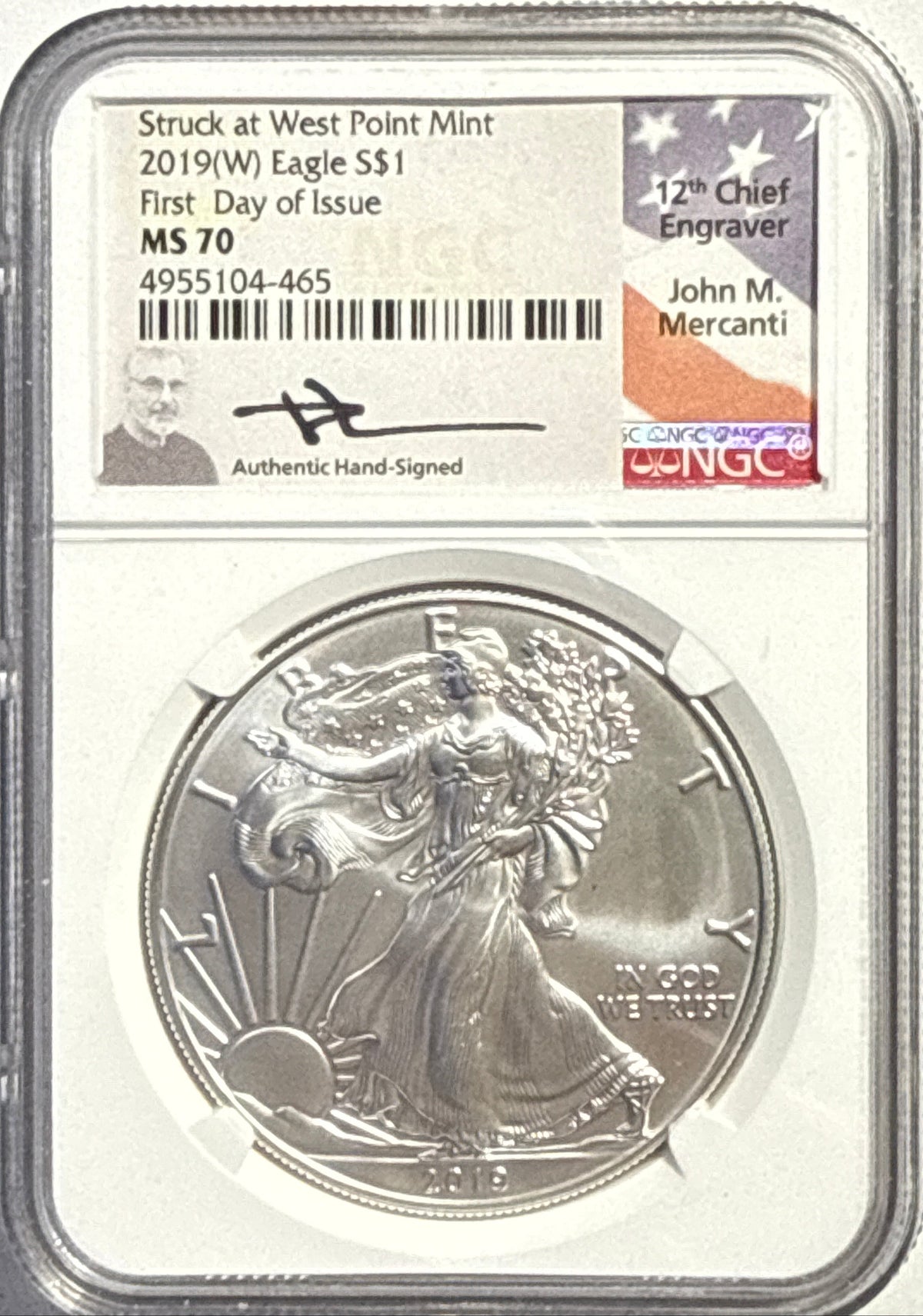 2019-W American Silver Eagle $1 NGC FDI MS70 Mercanti Hand-Signed