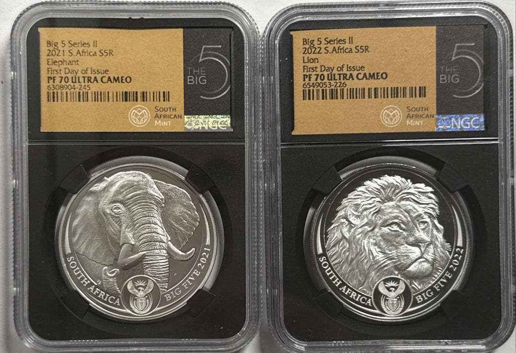 2021-2022 South Africa S 5R Big 5 Series II Elephant & Lion 2-Coin Set NGC FDI PF70 UCAM