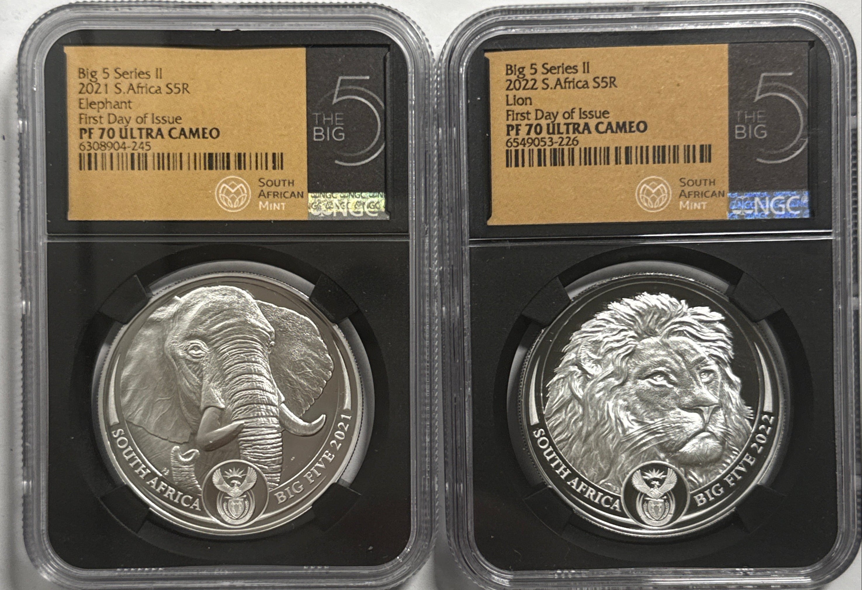 2021-2022 South Africa S 5R Big 5 Series II Elephant & Lion 2-Coin Set NGC FDI PF70 UCAM