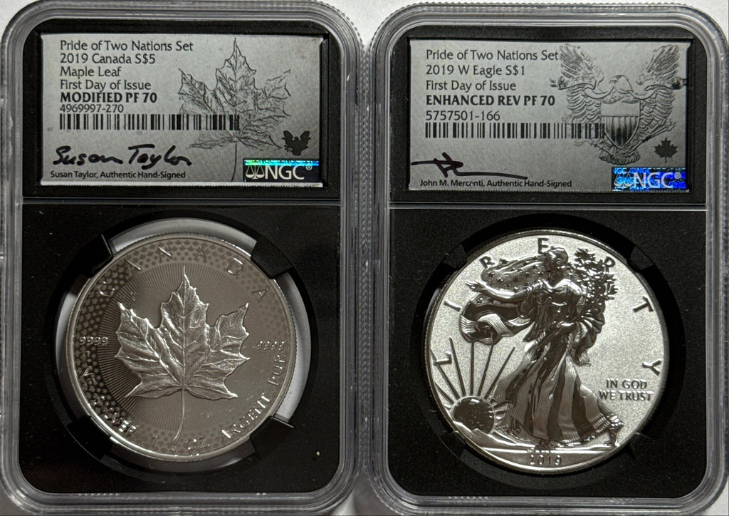 2019 Pride of Two Nations Set Canada $5 Maple Leaf -Canada 2 Coin Box Set with CoA NGC FDI Modified PF70 Susan Taylor. 2019-W Pride of Two Nations American Silver Eagle $1 Canada 2 Coin Box Set FDI Enhanced Rev PF70 John Mercanti.