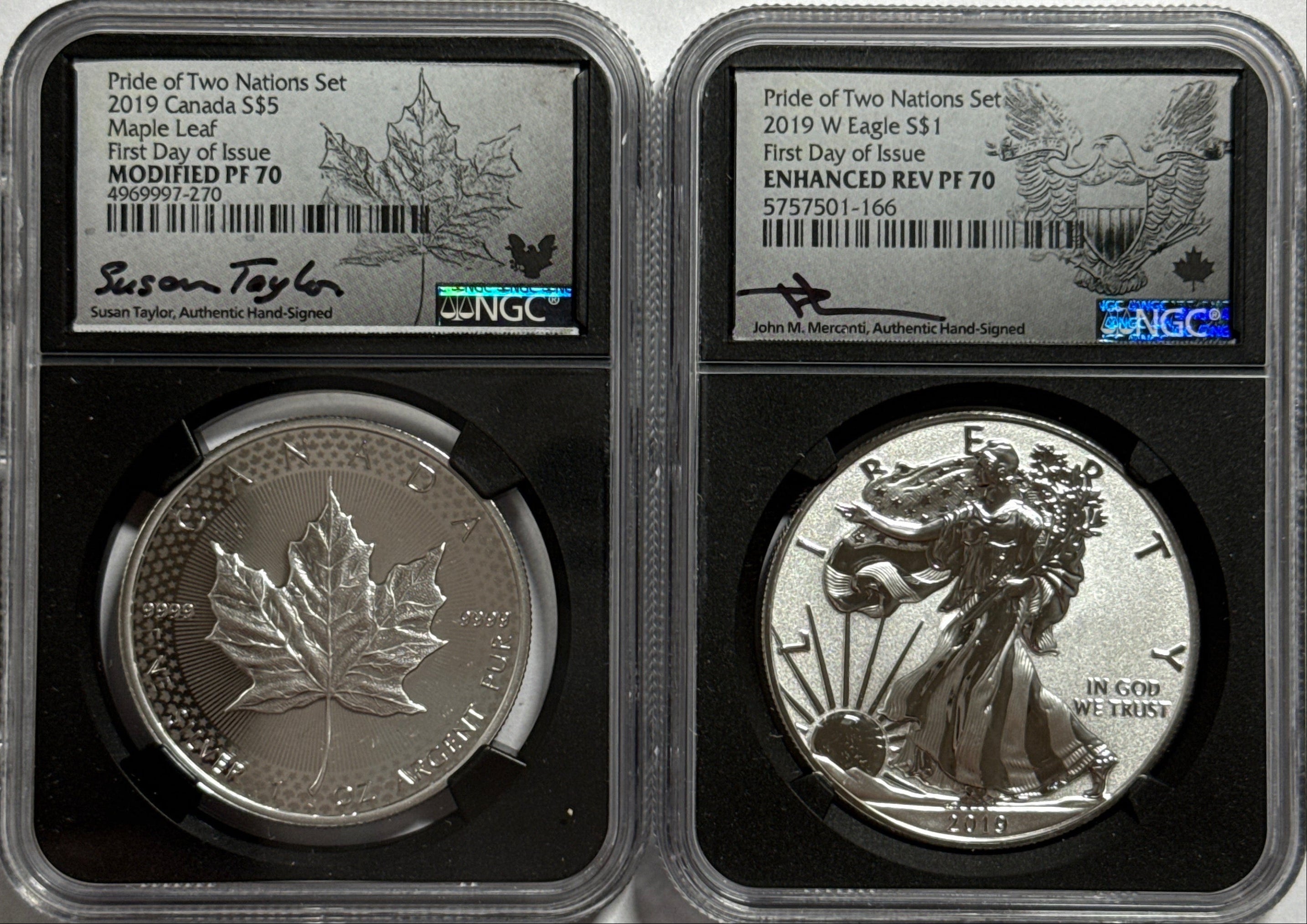 2019 Pride of Two Nations Set Canada $5 Maple Leaf -Canada 2 Coin Box Set with CoA NGC FDI Modified PF70 Susan Taylor. 2019-W Pride of Two Nations American Silver Eagle $1 Canada 2 Coin Box Set FDI Enhanced Rev PF70 John Mercanti.