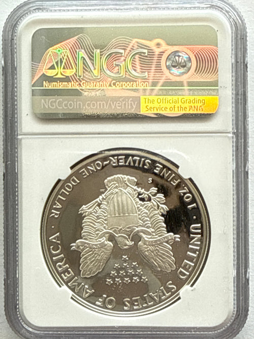 1987-S American Silver Eagle NGC 1 oz PF70 UCAM  J. M. Mercanti hand signed pop #3 Art Label