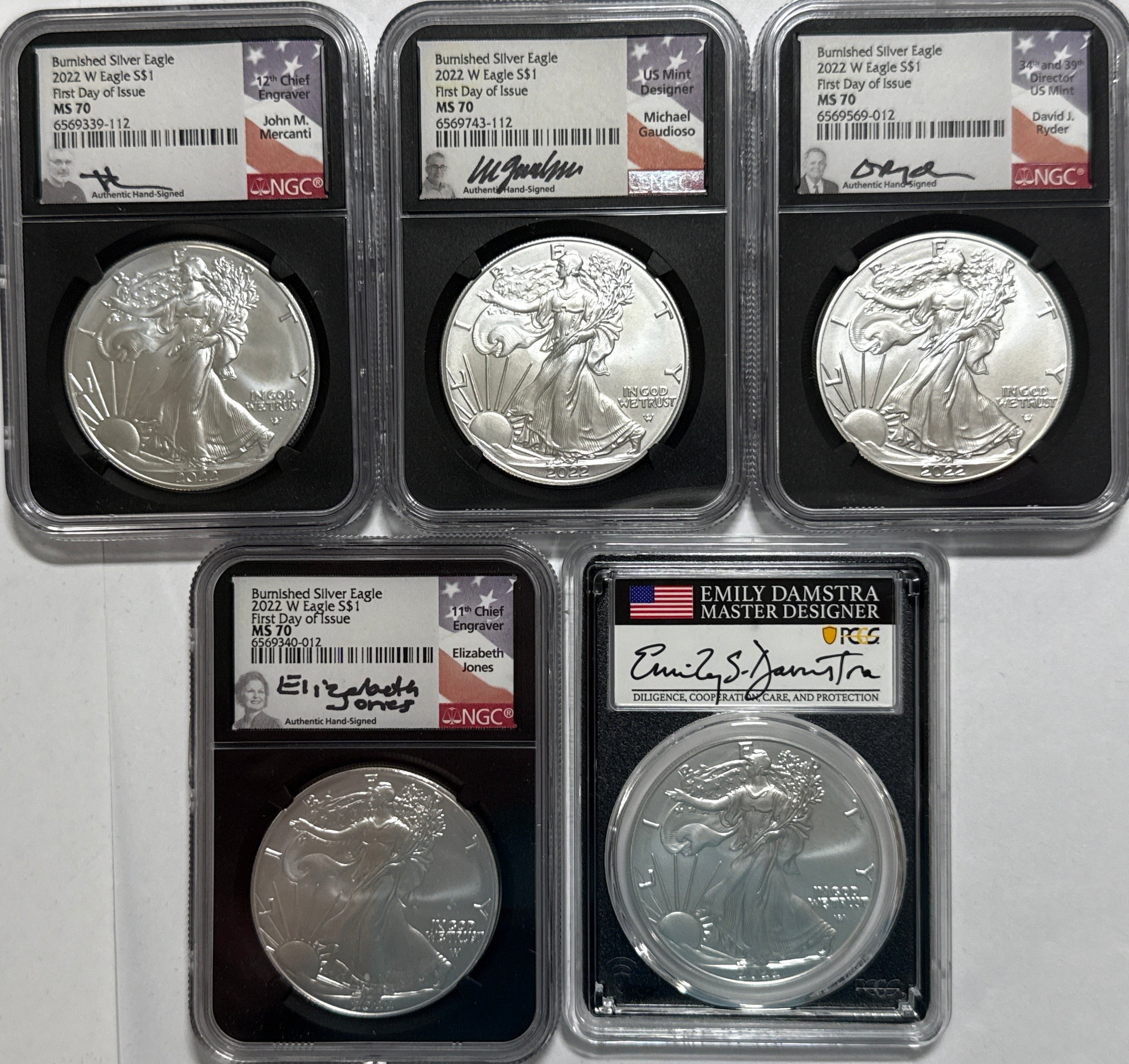 2022-W Burnished American Silver Eagle 5-Coin Box Set NGC MS70 FDOI Mercanti/Gaudioso/Ryder/Jones/Damstra