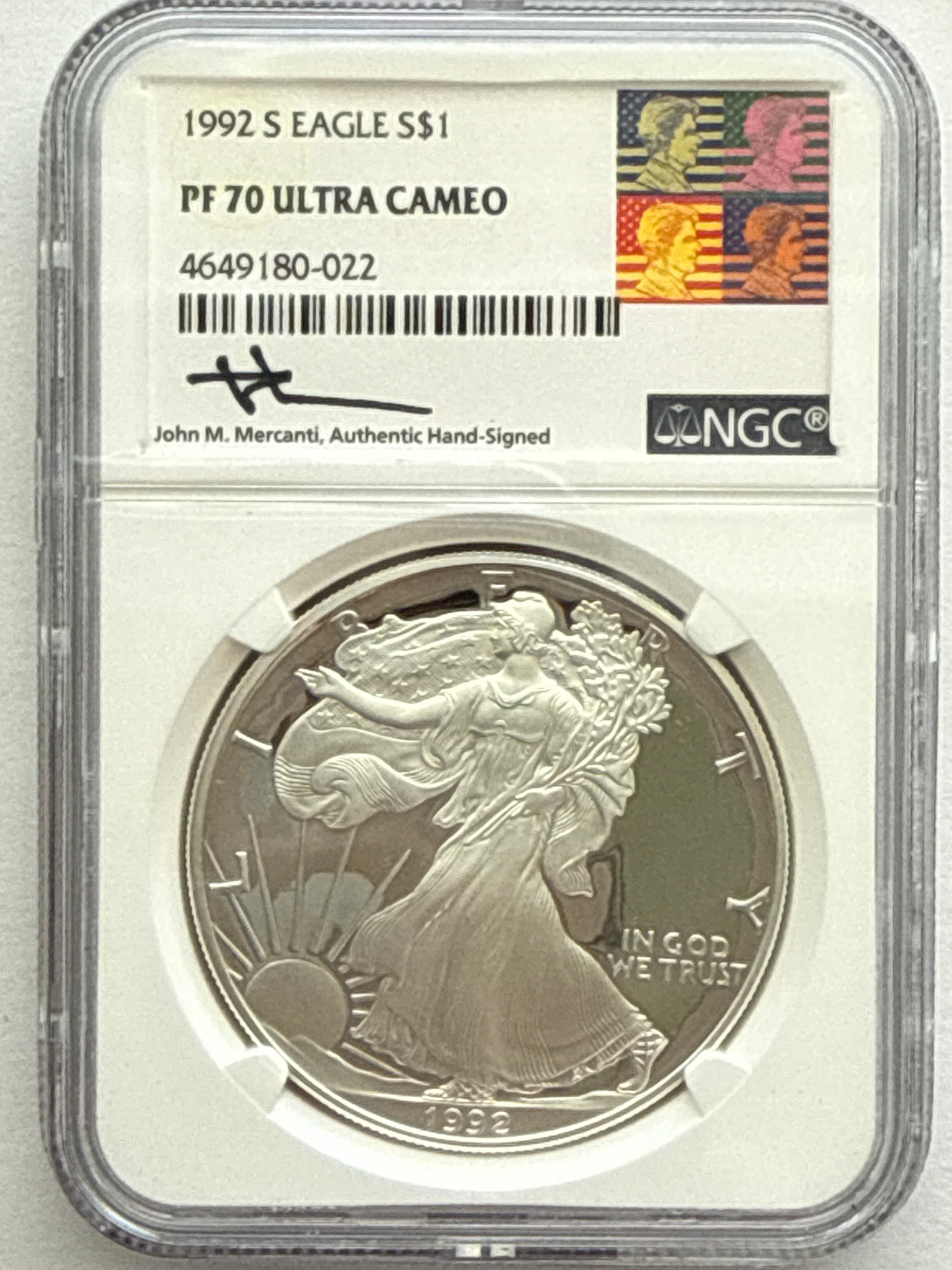 1992-S American Silver Eagle NGC 1 oz PF70 UCAM  J. M. Mercanti hand signed pop #22 Art Label