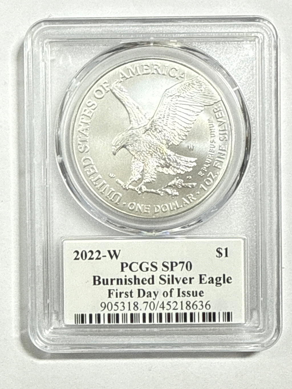 2022-W Burnished American Silver Eagle PCGS SP70 FDOI Emily Damstra