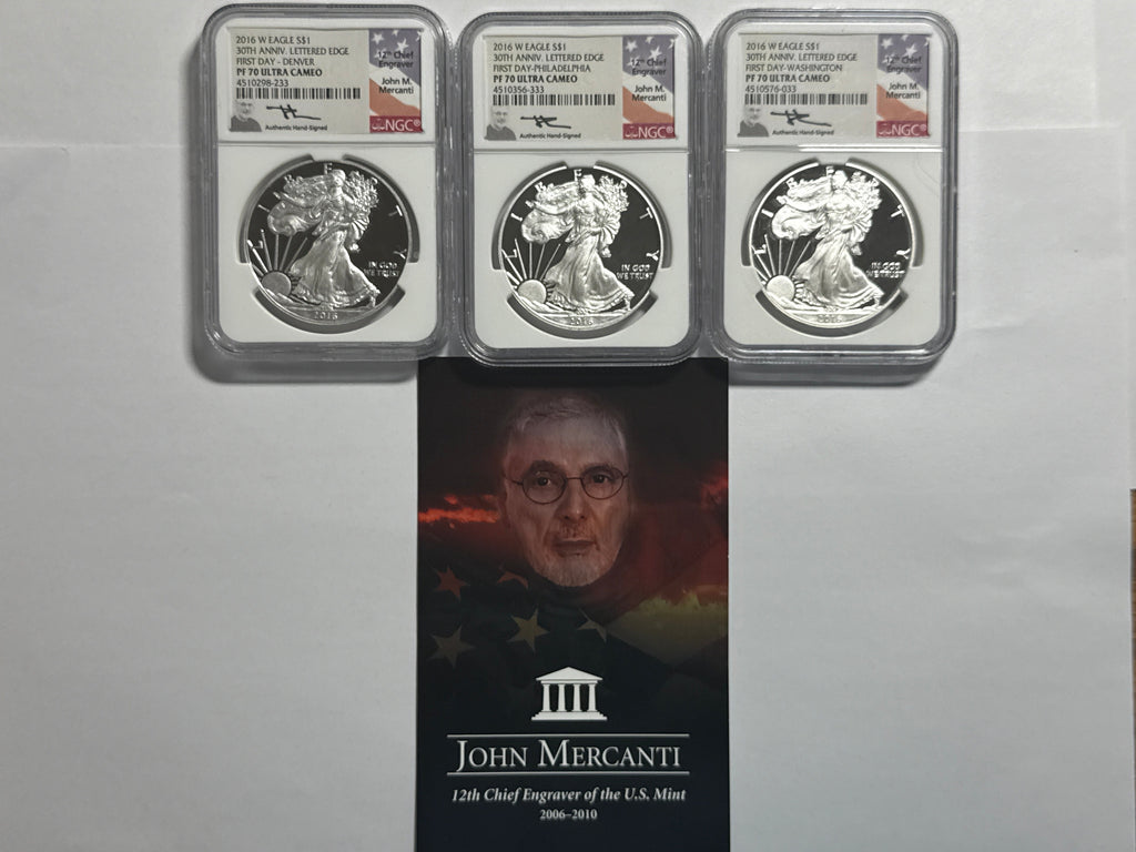 2016-W American Silver Eagle 3 Piece Set NGC PF70 UCAM 30th Anniv. Lettered Edge First Day-Denver/Philadelphia/Washington Mercanti Hand Signed