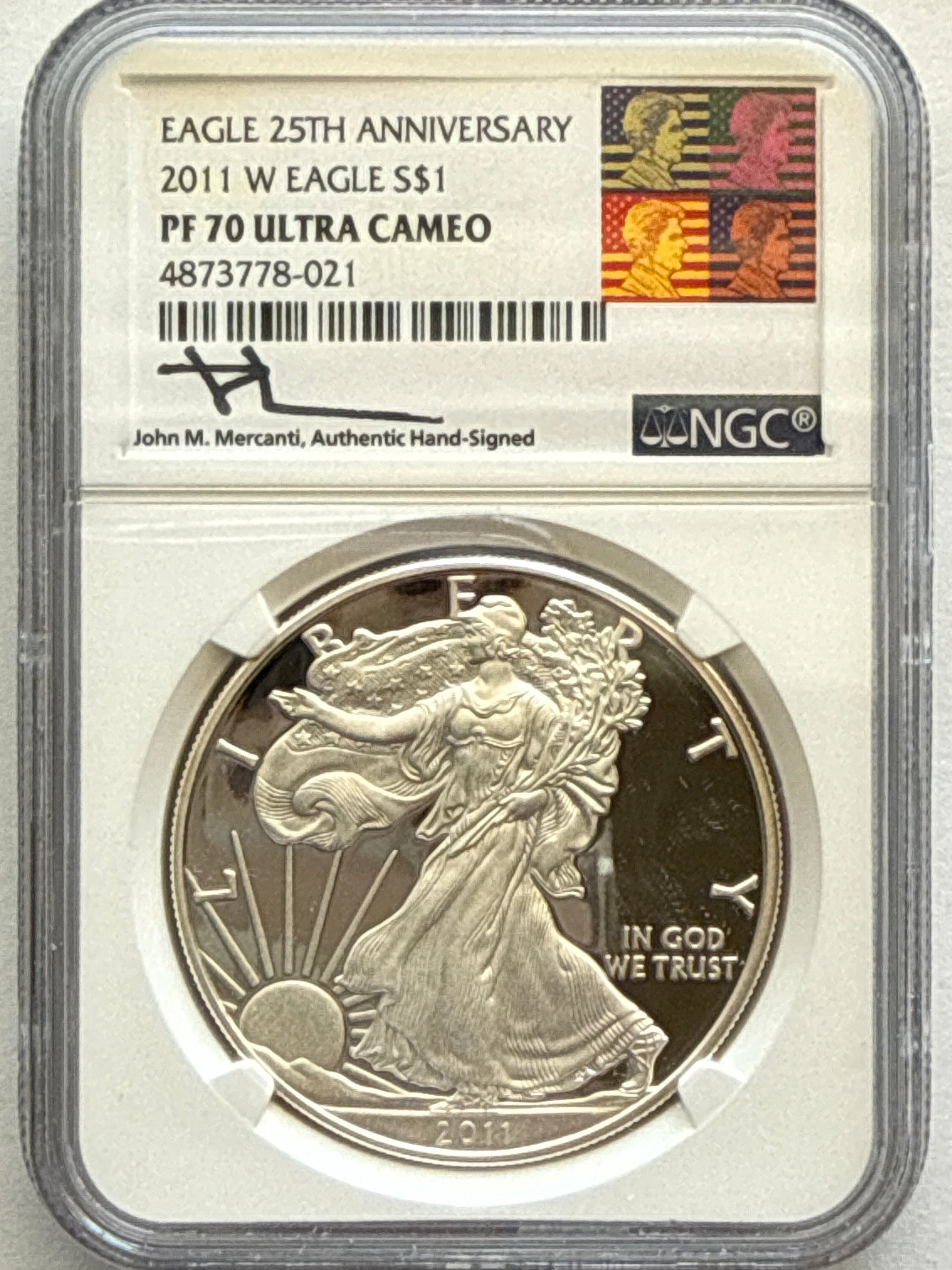 2011-W American Silver Eagle NGC 1 oz PF70 UCAM  J. M. Mercanti hand signed pop #21 Art Label