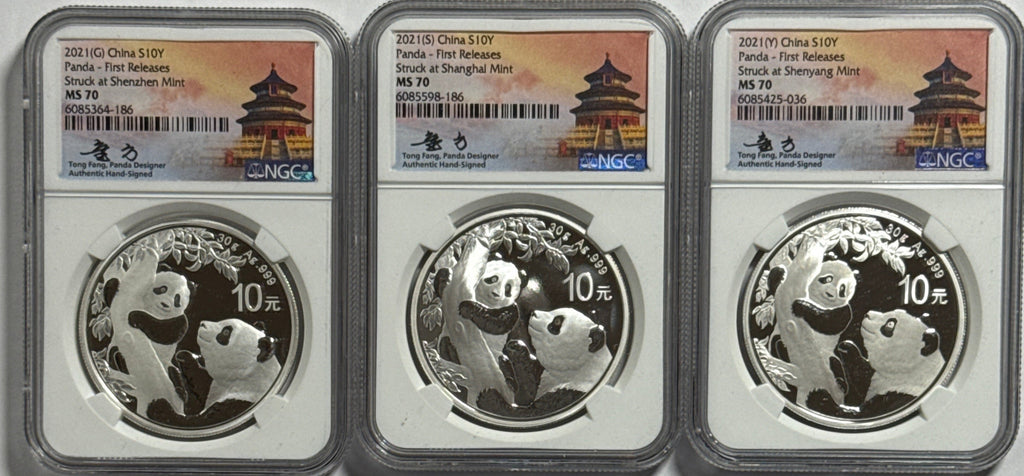 2021 (G/S/Y) China Silver Panda 10 Yuan 3 Coin Box Set NGC First Release MS70 Struck at(Shenzhen/Shanghai/Shenyang Mints) Tong Fang
