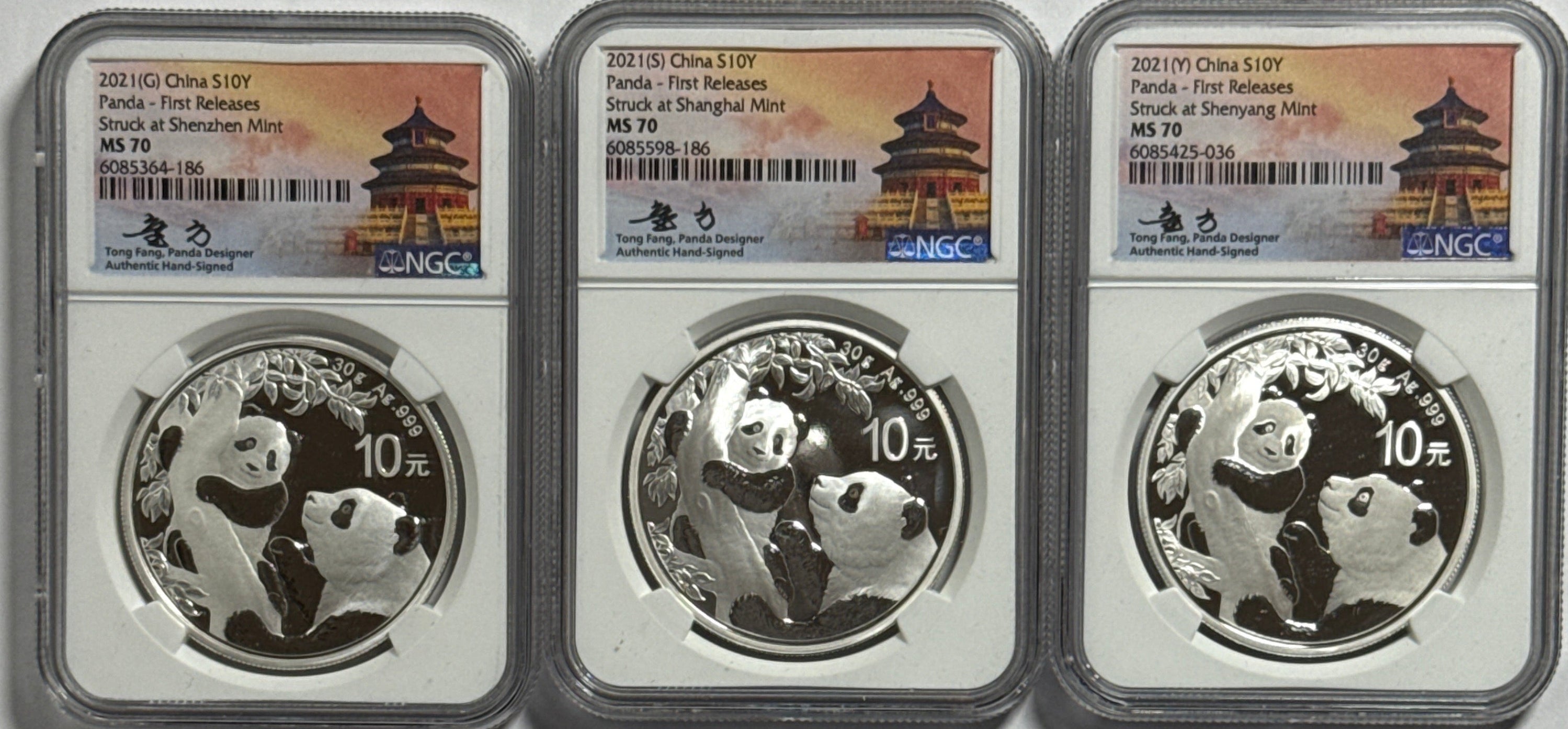2021 (G/S/Y) China Silver Panda 10 Yuan 3 Coin Box Set NGC First Release MS70 Struck at(Shenzhen/Shanghai/Shenyang Mints) Tong Fang