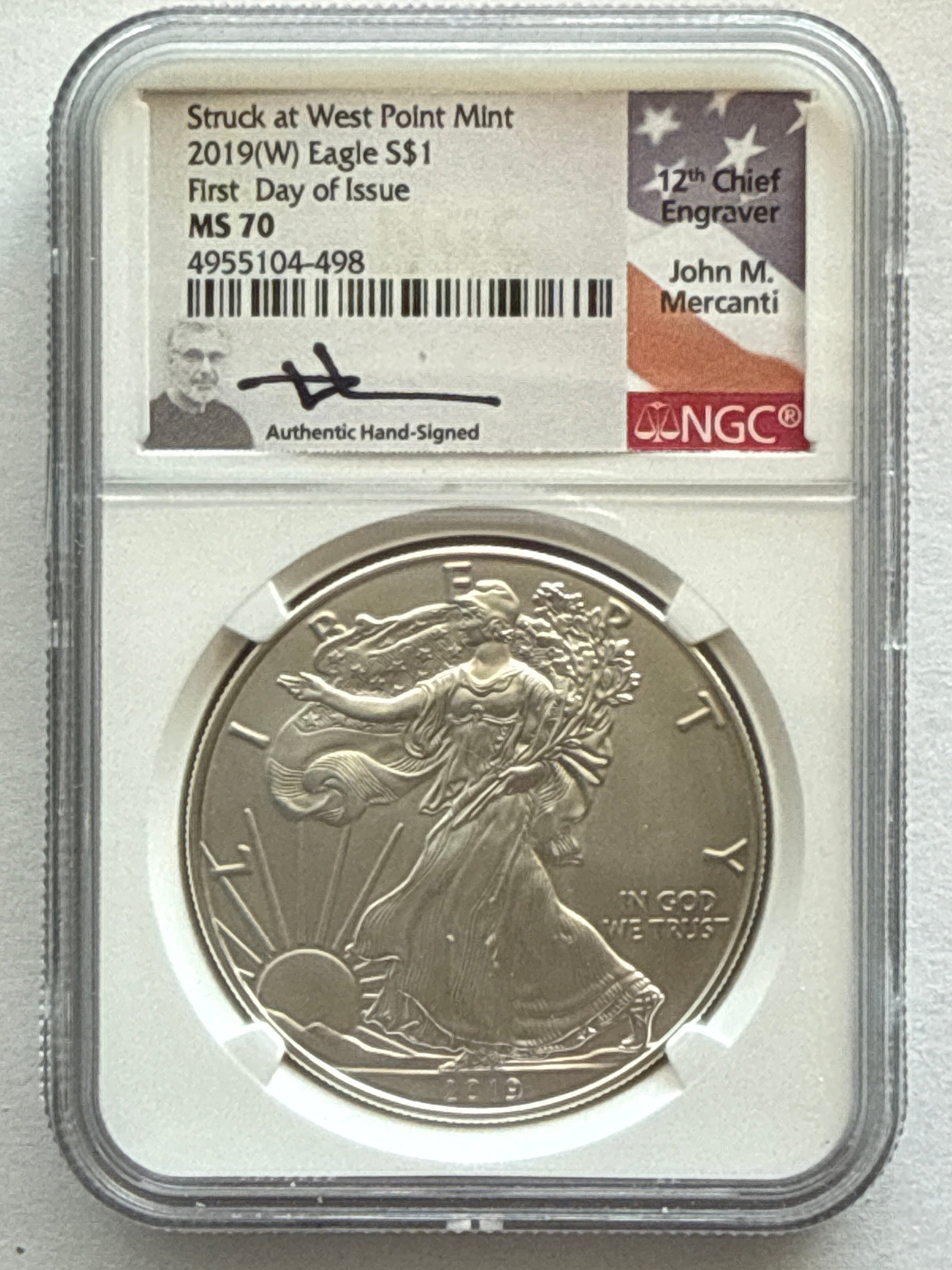 2019-W American Silver Eagle NGC 1 oz PF70 UCAM FDOI J. M. Mercanti hand signed  Flag Label