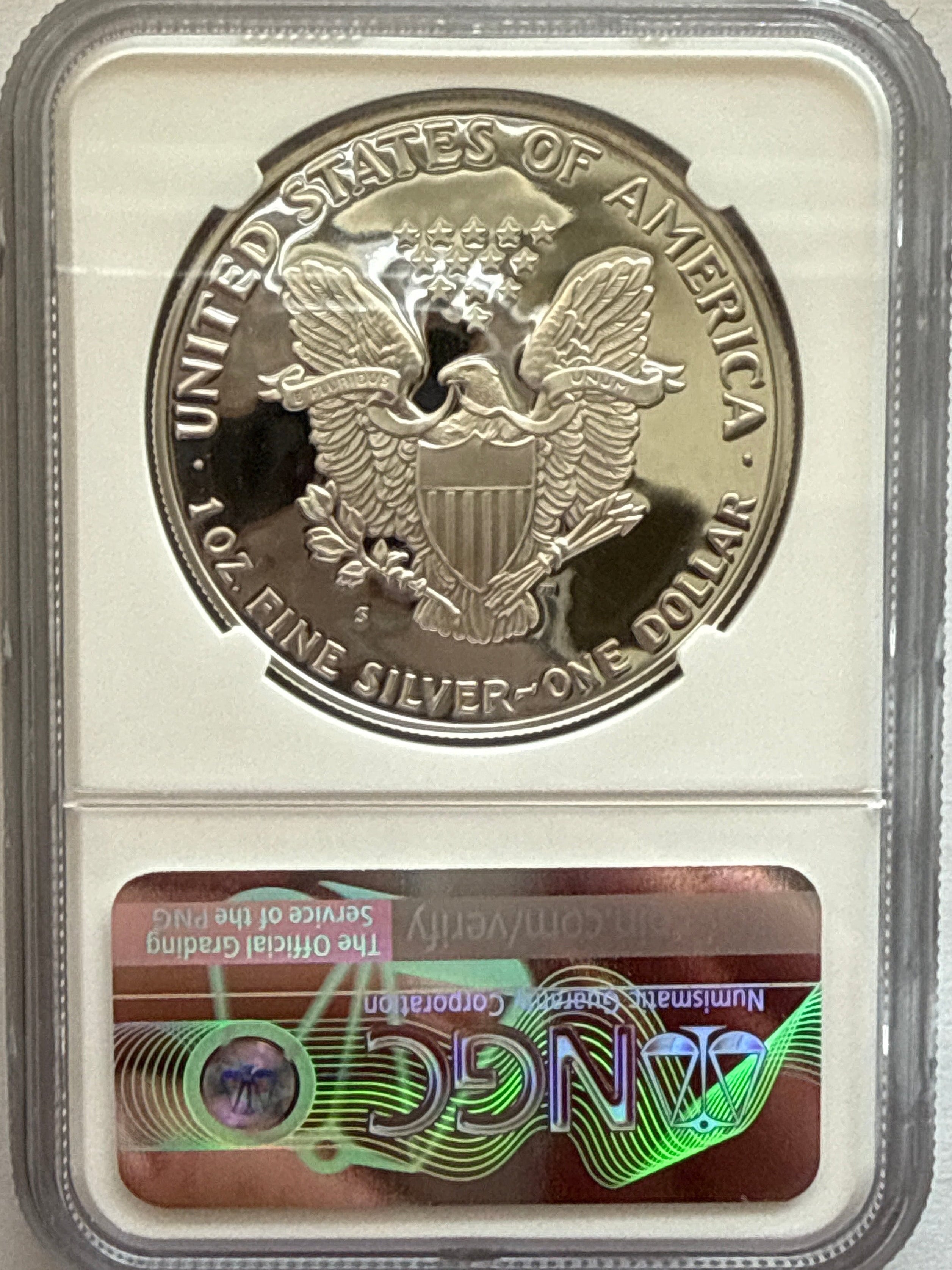 1990-S American Silver Eagle NGC 1 oz PF70 UCAM  J. M. Mercanti hand signed pop #4 Art Label