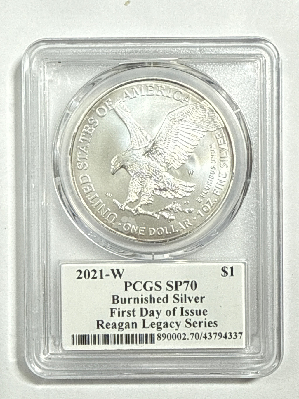 2021-W Burnished SAmerican Silver Eagle PCGS SP70 FDOI Reagan Legacy Series Michael Reagan