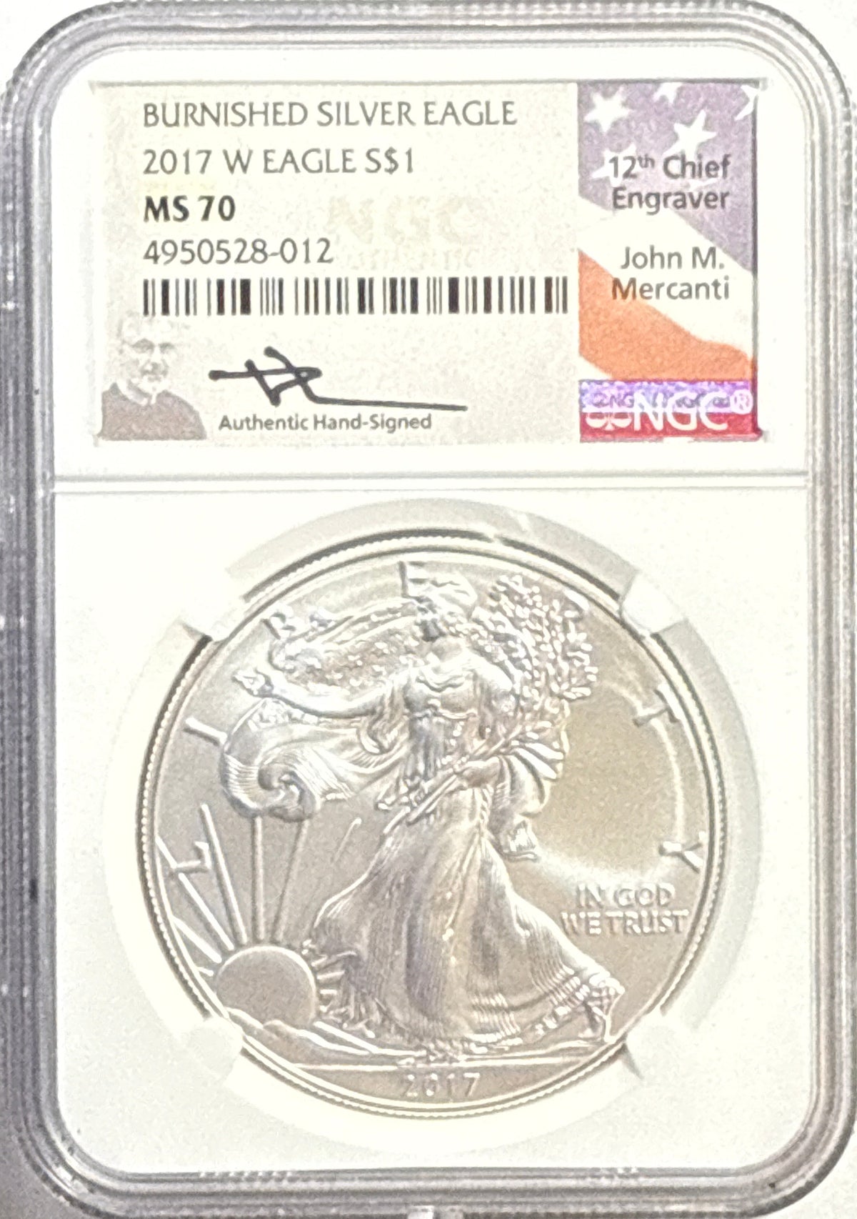 2017-W Burnished American Silver Eagle $1 NGC MS70 Mercanti Hand-Signed