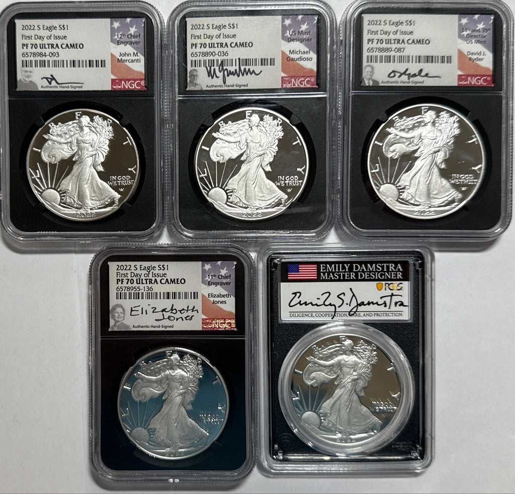 2022-S American Silver Eagle 5-Coin Box Set NGC/PCGS FDOI PF70 UCAM/PR70 DCAM Mercant/Gaudioso/Jones/Ryder/Damstra