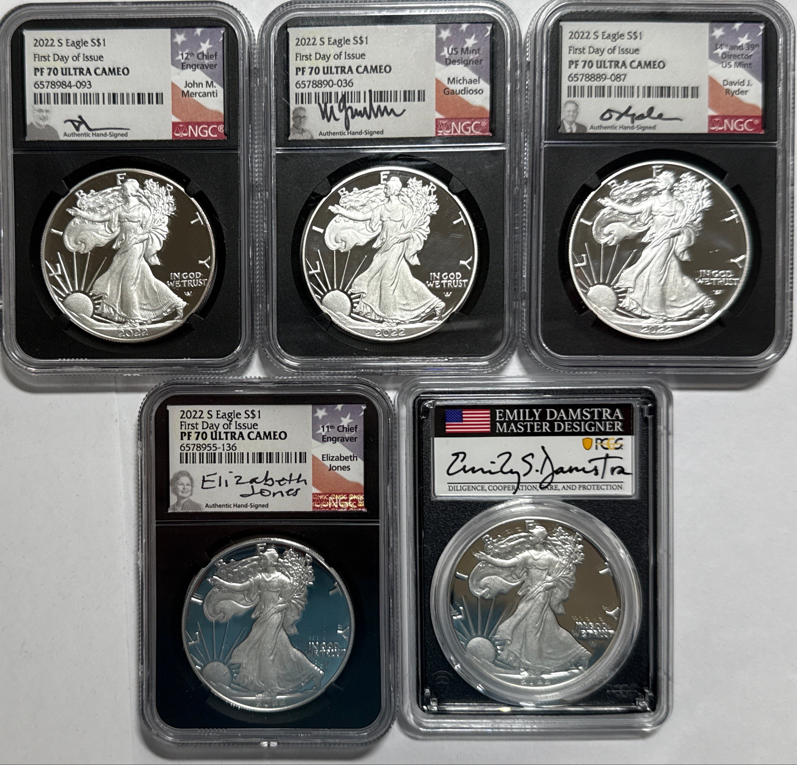 2022-S American Silver Eagle NGC/PCGS FDOI PF70 UCAM/PR70 DCAM Mercant/Gaudioso/Jones/Ryder/Damstra