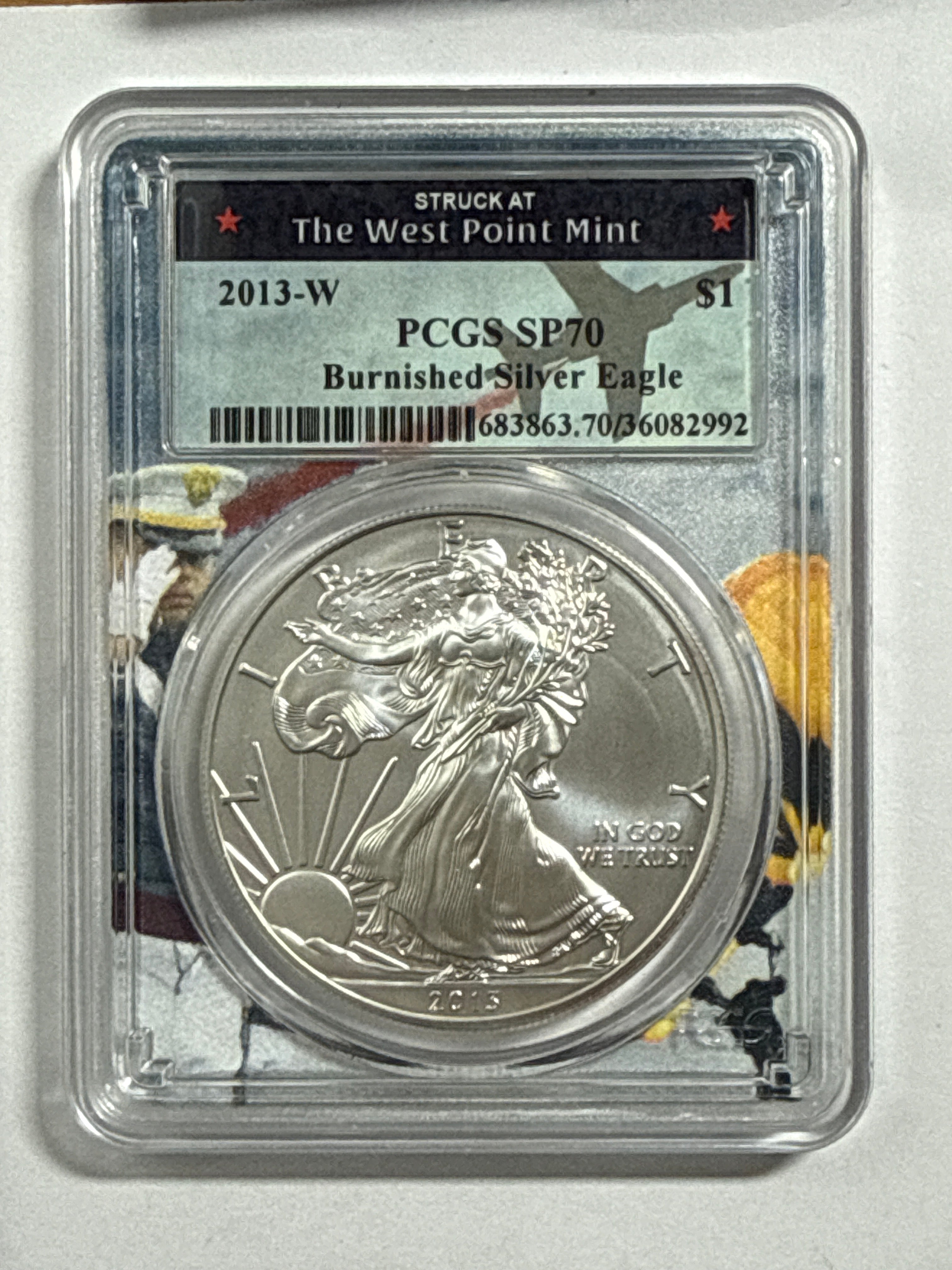 2013-W Burnished American Silver Eagle PCGS SP70 Fighter Jet Label