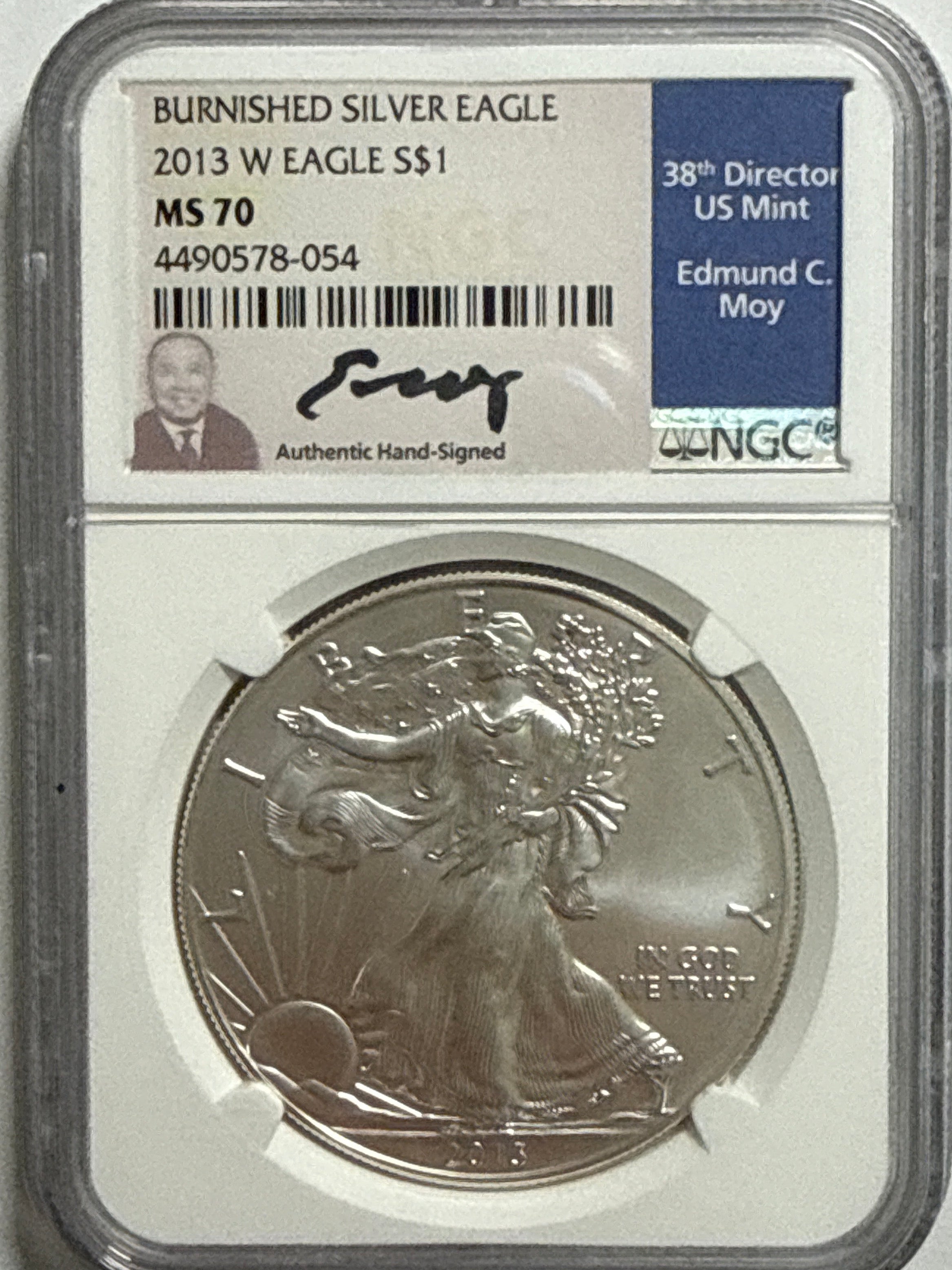 2013-W Burnished American Silver Eagle NGC MS70 Edmund C. Moy Hand Signed