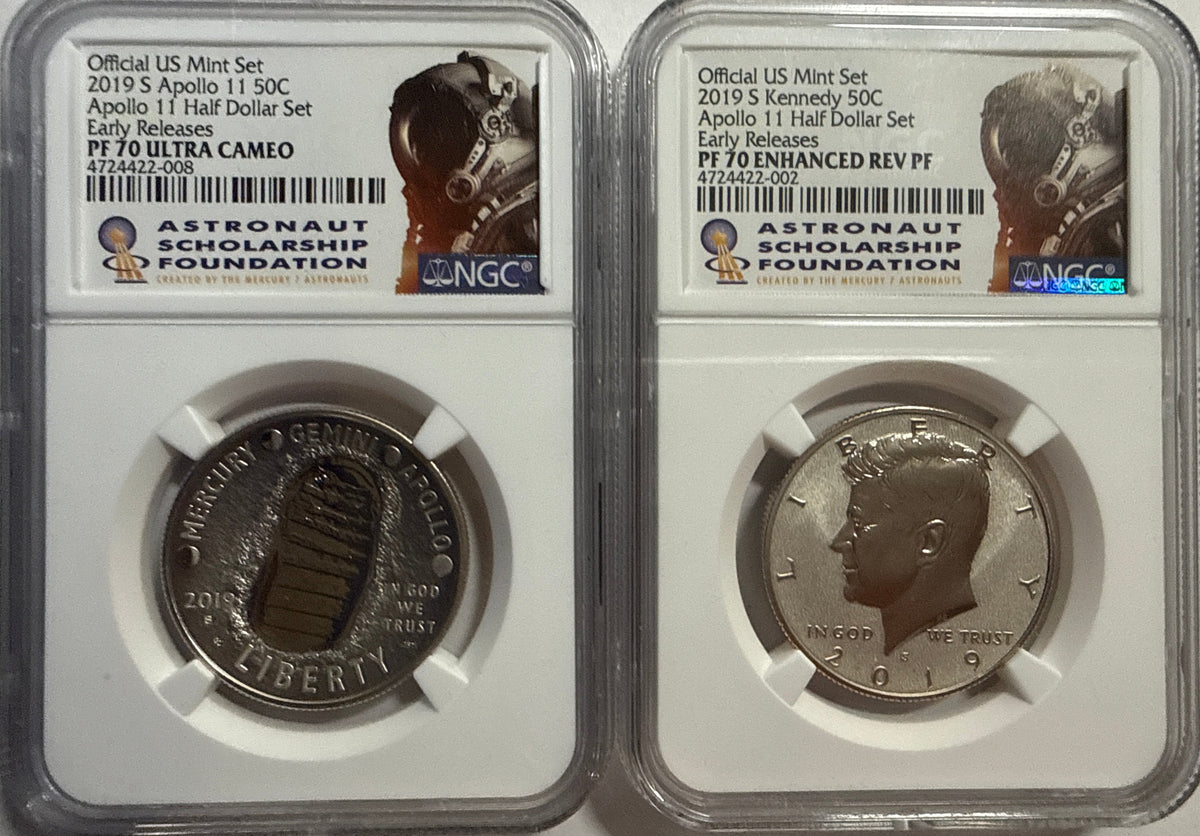 Vintage Vault: 2019-S Appollo 11 50C Half Dollar Set ER PF70 UCAM NGC Kennedy 50C Appollo 11 Half Dollar Set ER PF70 ENCH REV PF NGC 2-Coin Box Set.
