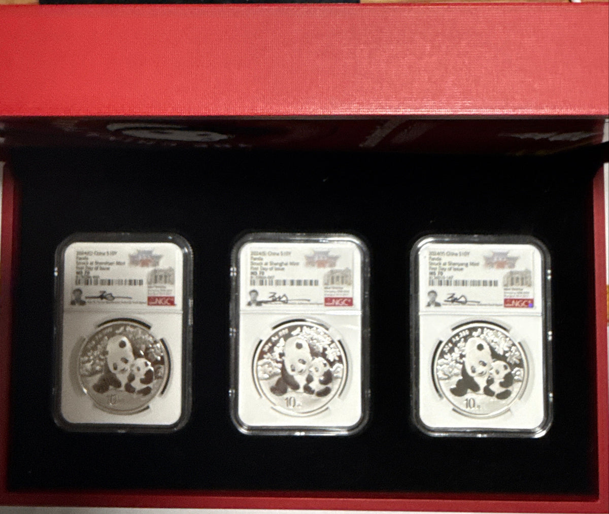 2024 (G/S/Y) China Silver Panda 10 Yuan 3 Coin Box Set  NGC First Release MS70 FDOI Struck at(Shenzhen/Shanghai/Shenyang Mints) Peter Gu