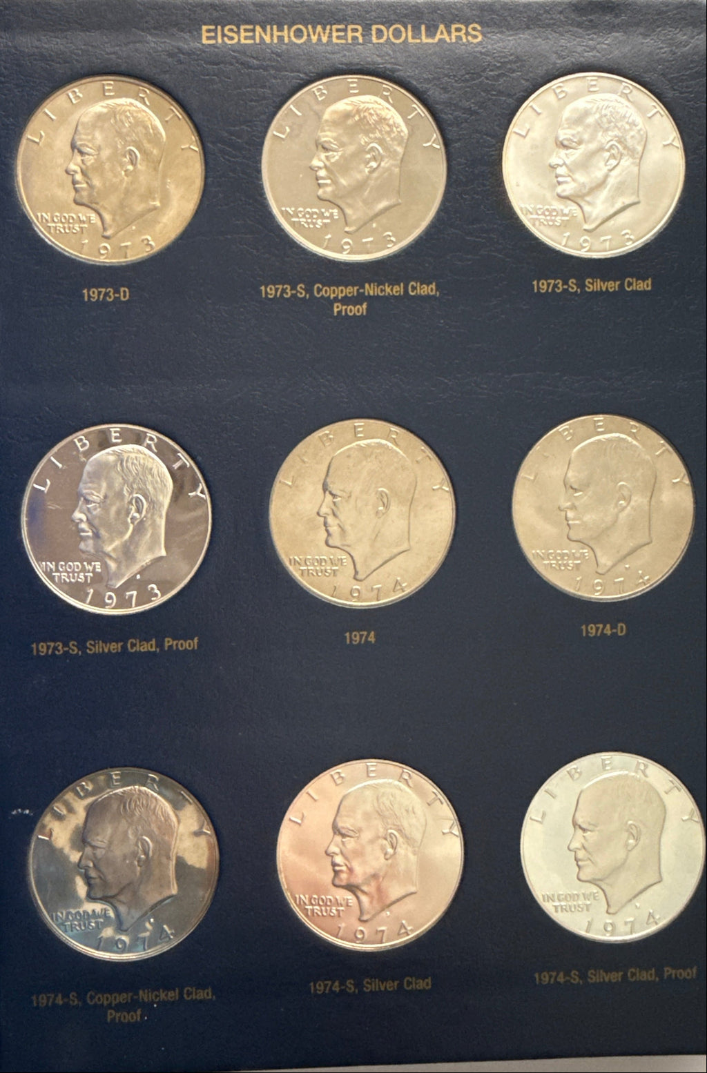 1971-1978-D,P,S American Eisenhower Silver and Silver Clad Dollars Complete 32-Coin Set in a Whittman Album 10 Coins 40% Silver