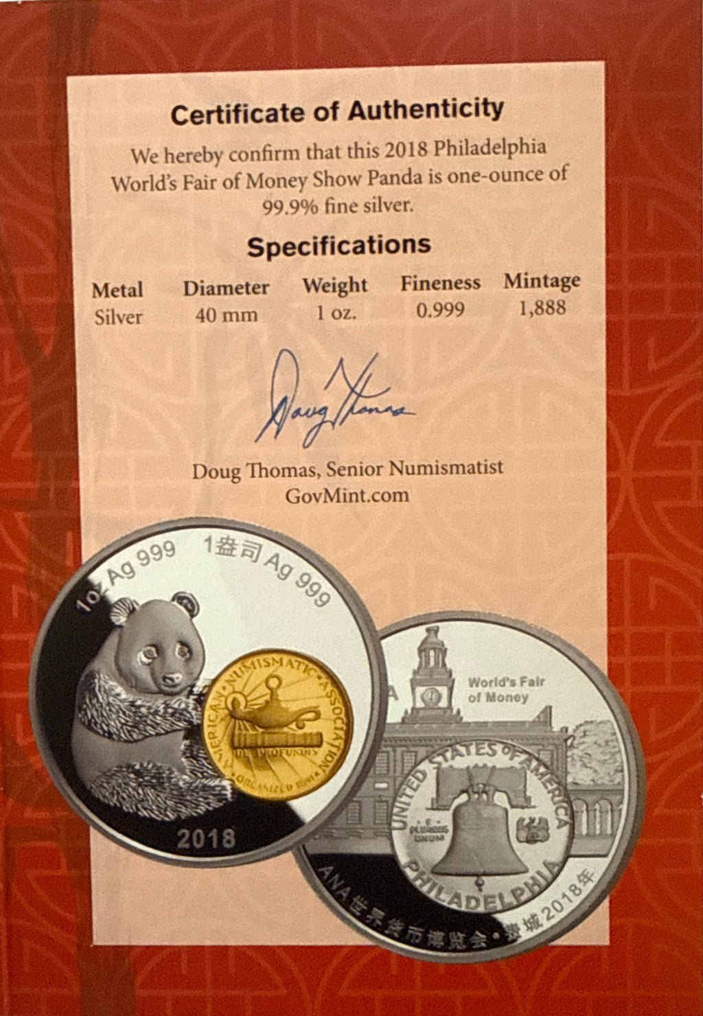 2018 Gilt China 1 oz Sliver Panda Official Mint Medal ANA World's Fair of Money Philadephia -First Release NGC PGF70 UCAM Box & CoA