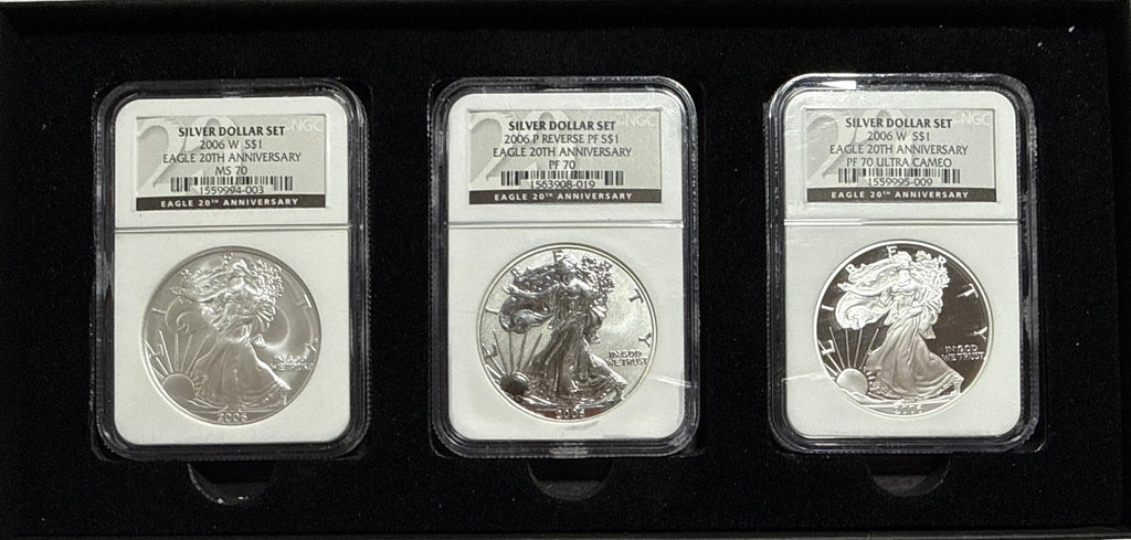 2006-W/P American Silver Eagle 3 Piece Set NGC MS70/PF70/PF70 UCAM 20th Anniversary
