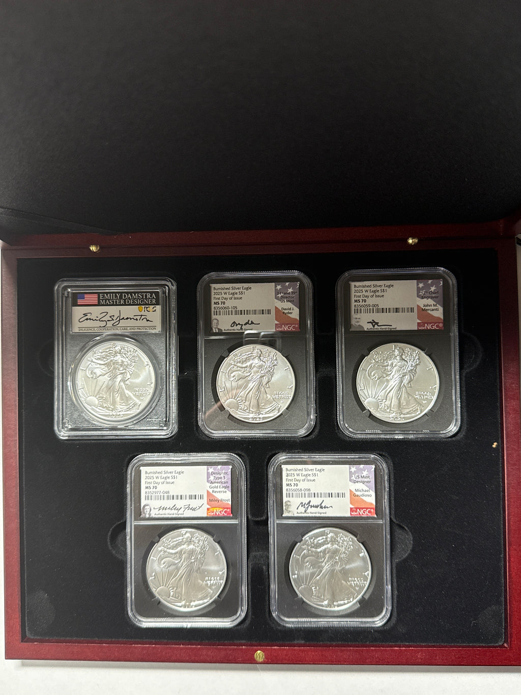 2025-W Burnished American Silver Eagle 5 Piece Set NGC MS70 FDOI Mercanti/Gaudioso/Ryder/Frost/Damstra with sisplay box