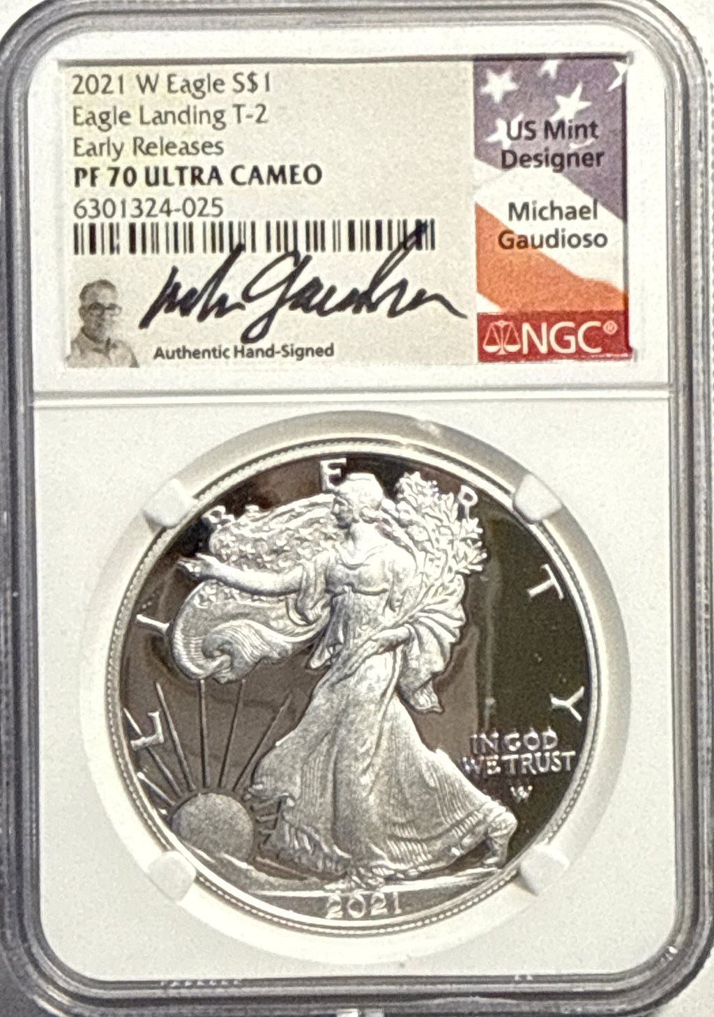 2021-W American Silver Eagle $1 Eagle Landing T-2 NGC ER  PF70 UCAM Michael Gaudioso Hand-Signed.