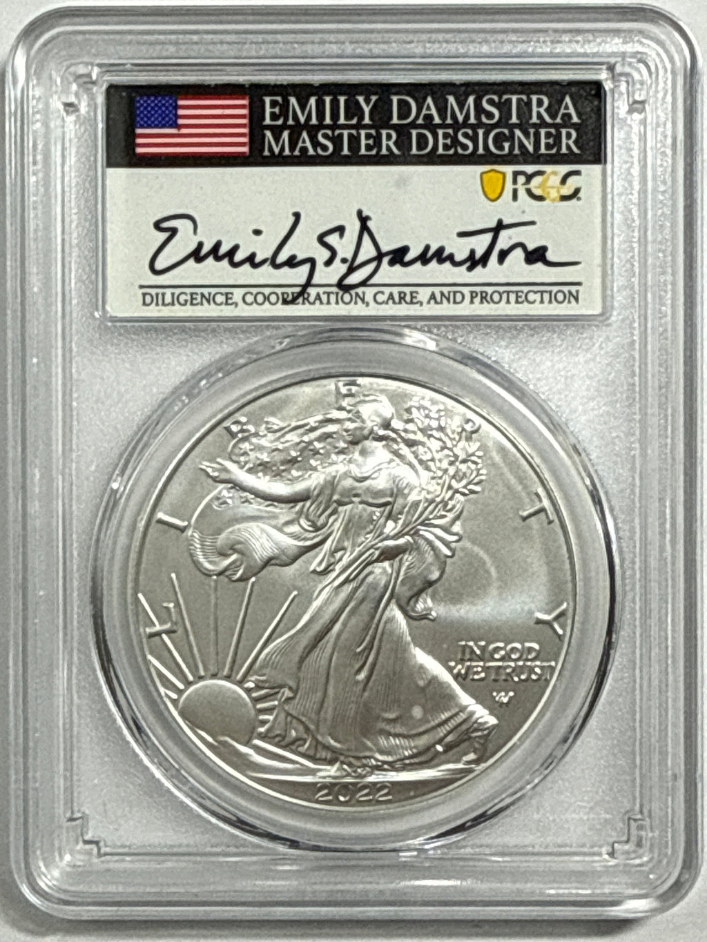2022-W Burnished American Silver Eagle PCGS SP70 Advanced Release Emily Damstra