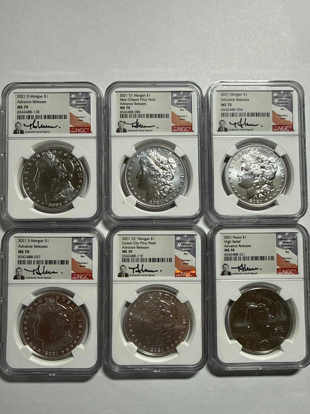 2021-CC/D/O/P/S Morgan/Peace Silver Dollar 6 piece set NGC MS70 Advance Release Thomas Uram Hand Signed