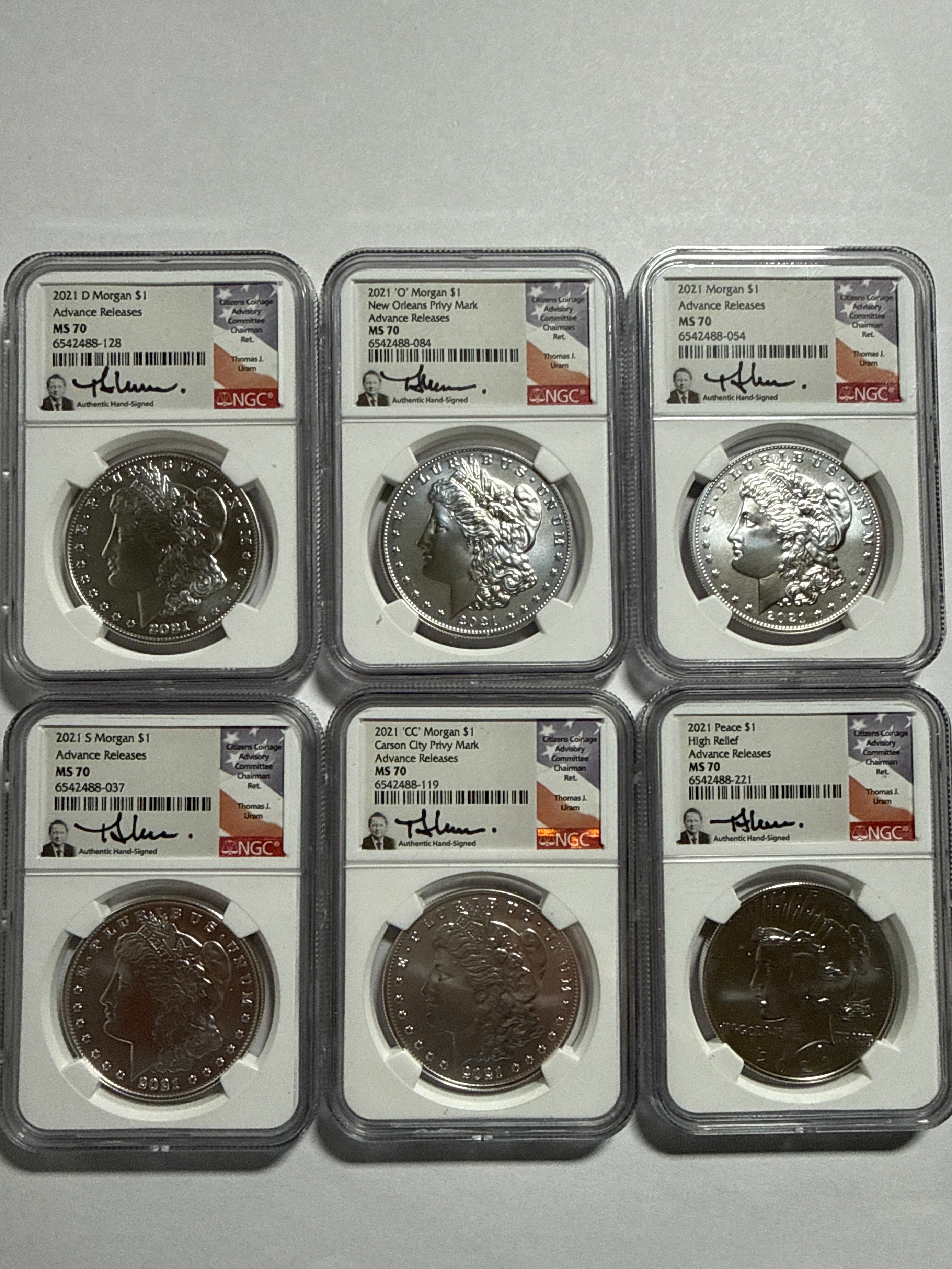 2021-CC/D/O/P/S Morgan/Peace Silver Dollar 6 piece set NGC MS70 Advance Release Thomas Uram Hand Signed