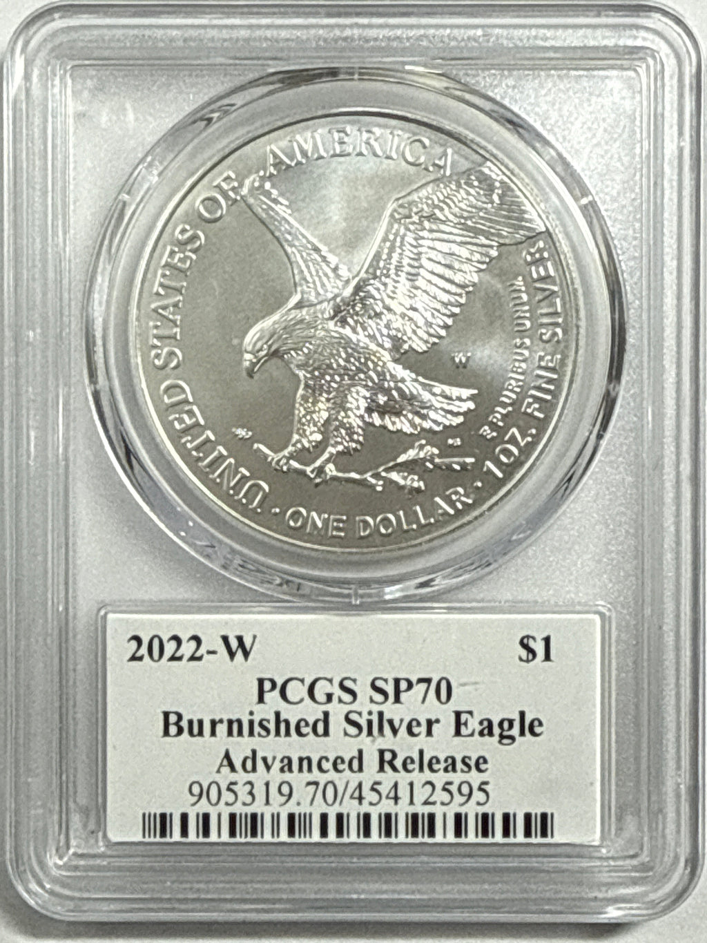 2022-W Burnished American Silver Eagle PCGS SP70 Advanced Release Emily Damstra